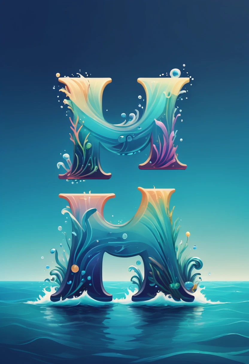 Logo "sea", text "sea", creative Font Design, typeface, spirit of water, Message card design, draw letters with water, dynamic, rich colors, Gradation, magical letter-shaped animals, magical sea creatures, txt says "sea"