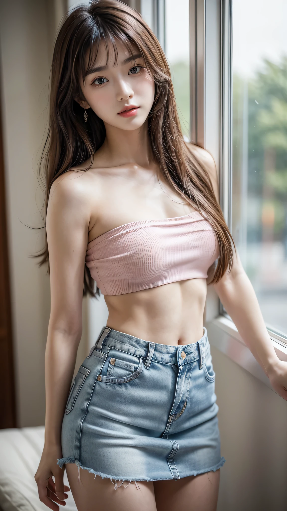 1 girl，20 years old, Height 170 cm、body coordination、Well proportioned body、stand by the window，bright backlight, alone，Dark brown hair，natural drape, Exquisite facial features, This is a blunt bang that perfectly shapes your face, beautiful korean girl, eyes are very bright, smile very happily 、(She wears a delicate pink tube top:1.3)、 (She is wearing an exquisite ultra-short low-waisted denim skirt:1.3)、Navel exposed、perfect waist、E cup、Deep V-shaped cleavage，Wear exquisite earrings，(Skin texture is extremely delicate1.3), (Perfect details: 1.1),Looks a lot like actor Kim Hee Sun，Put your hands behind your back，a sexy pose，long legs，lens：Canon RF 85mm f/1.2L，Flat viewangle，Highly detailed face and skin textures, Natural and soft light, Ultimate light and shadow，masterpiece, best quality, Natural light, super detailed，film grain, ultra high resolution, 8k wallpaper, perfect composition,