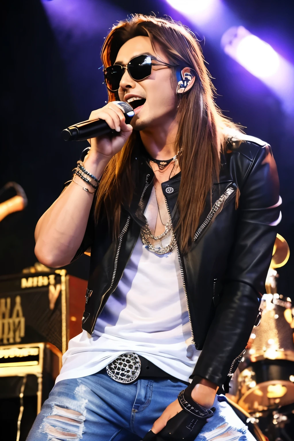 male brown hair muscular Australian person sunglasses heavy metal rock singer Microphone Performance