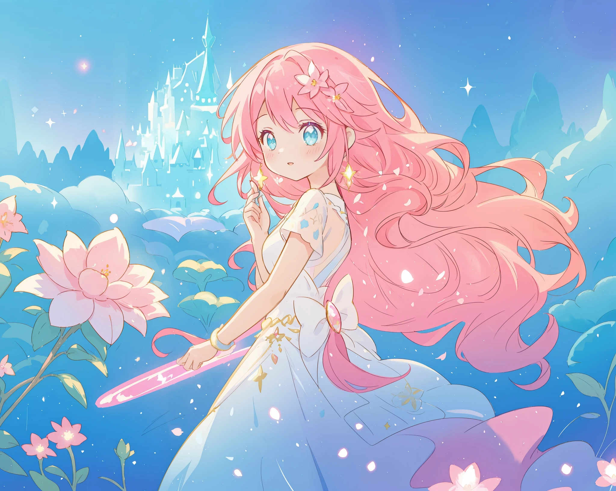 beautiful girl in sparkling flowing dress, long flowing pink hair, colorful fantasia background, watercolor illustration, disney art style, glowing aura around her, glowing lights, beautiful digital illustration, fantasia otherworldly landscape plants flowers, beautiful, masterpiece, best quality, anime disney style