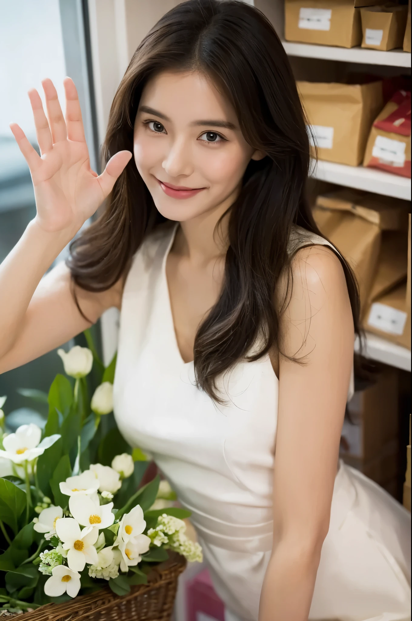 masterpiece, best quality, extremely detailed, hyperrealistic, photorealistic, a pretty woman working at flower shop:1.2, waving hand, perfect fingers, saying hi, looking at the viewer
