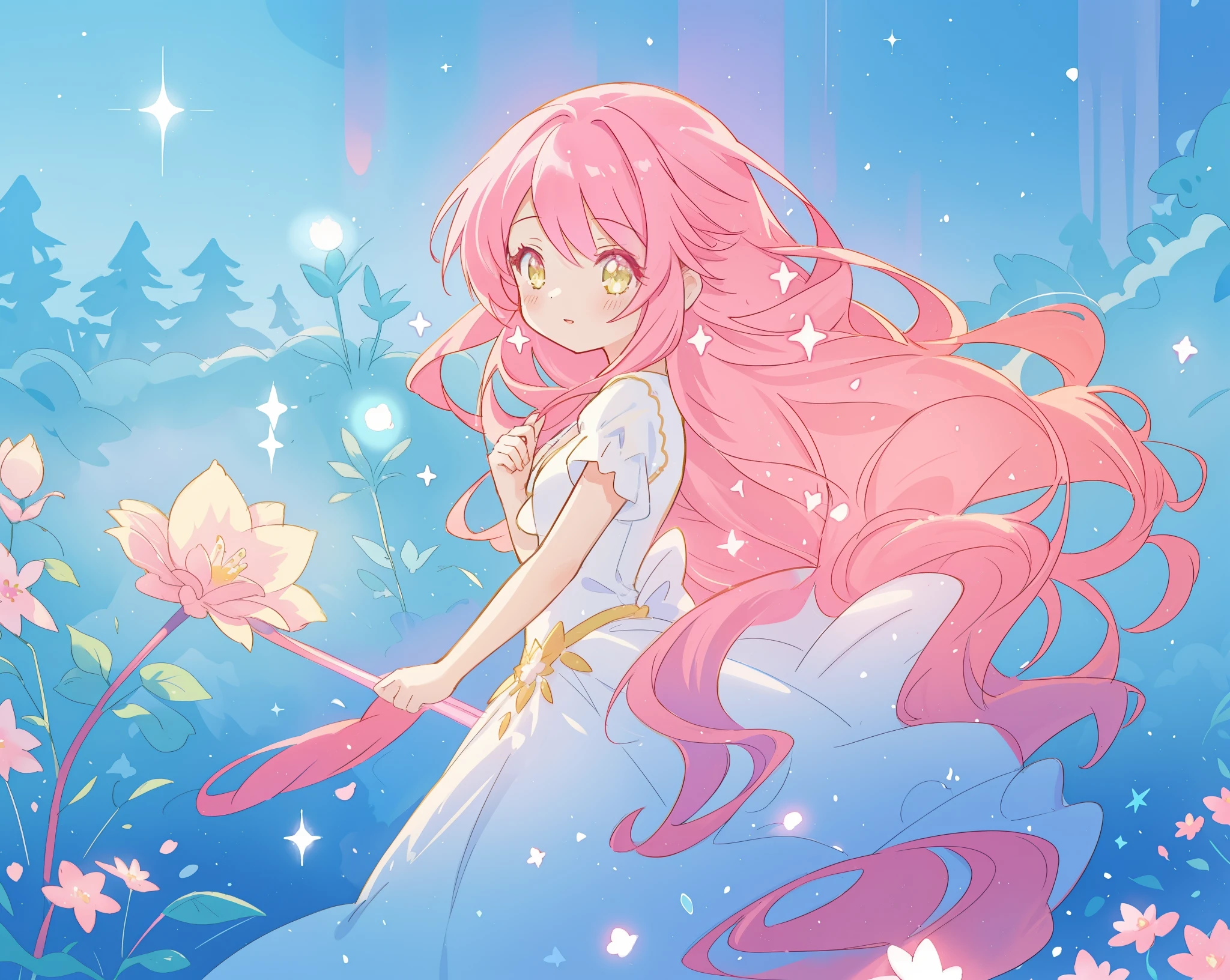 beautiful girl in sparkling flowing dress, long flowing pink hair, colorful fantasia background, watercolor illustration, disney art style, glowing aura around her, glowing lights, beautiful digital illustration, fantasia otherworldly landscape plants flowers, beautiful, masterpiece, best quality, anime disney style