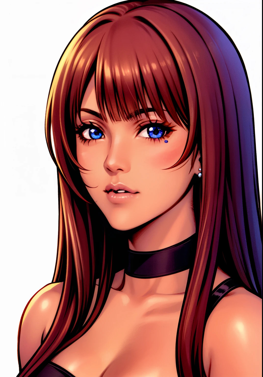 one girl, Ariana Grande, standing, red hair, blue eyes, dark skin, staright bangs, tetsuya Nomura, 