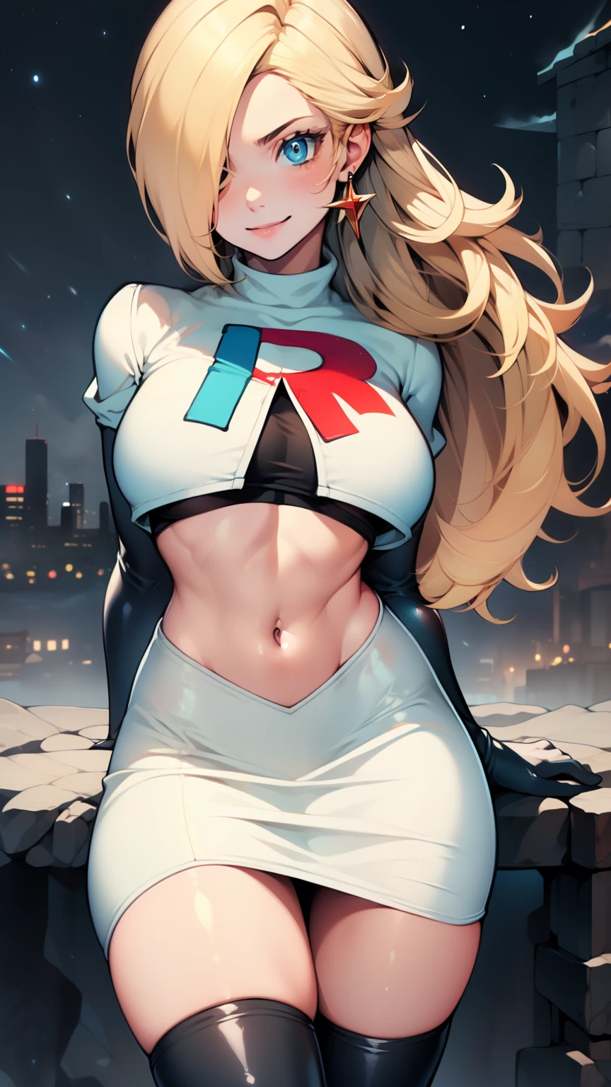 (best quality,highres:1.2),ultra-detailed,realistic,portrait,painting,studio lighting,vivid colors,glowing effects,sparkling stars,night sky,moonlight,soft shadows,shimmering glow,smooth texture,sharp focus,Rosalina in the center,beautiful detailed eyes,long eyelashes,shiny ruby red lips,bright red letter R on her uniform,white skirt,white top,high black boots,elbow-length black gloves,mischievous smile,Team Rocket uniform,purple Team Rocket emblem,holding multiple pokeballs,confident pose,evoking a sense of power and authority.