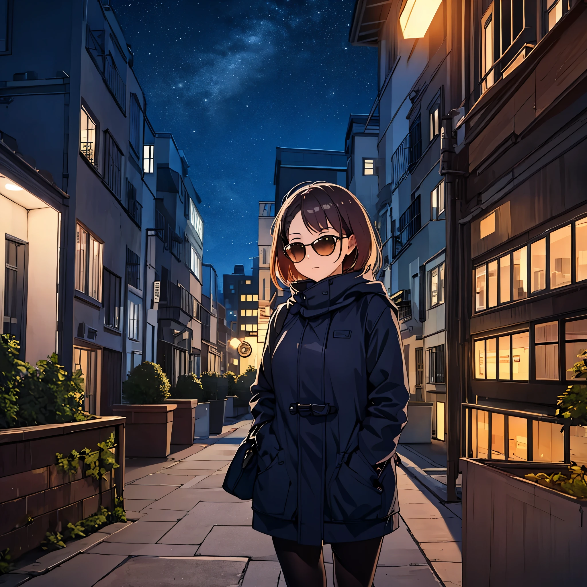 a woman in a big city with several buildings, warm clothing, sunglasses, at night
