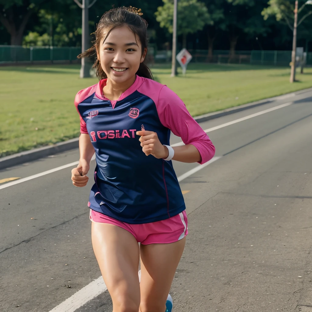 beautiful asia girl,run,women sport ware,happy face,prosthetic right hand,left knee with knee support,morning,run on road