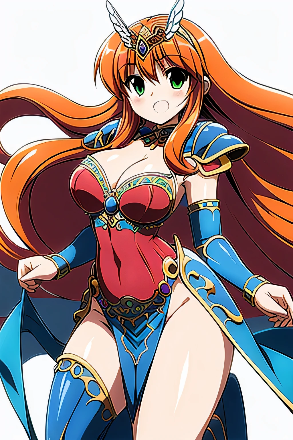 (masterpiece, highest quality:1.2),Lucia,1 girl,alone,green eyes,orange hair,very long hair,red armor dress,cowboy shot,wing tiara,((blue pelvic curtain armor)),((blue waist armor)),blue shoulder armor,(blue cuff),blue knee boots,pauldron,blue armor belt,with a sword