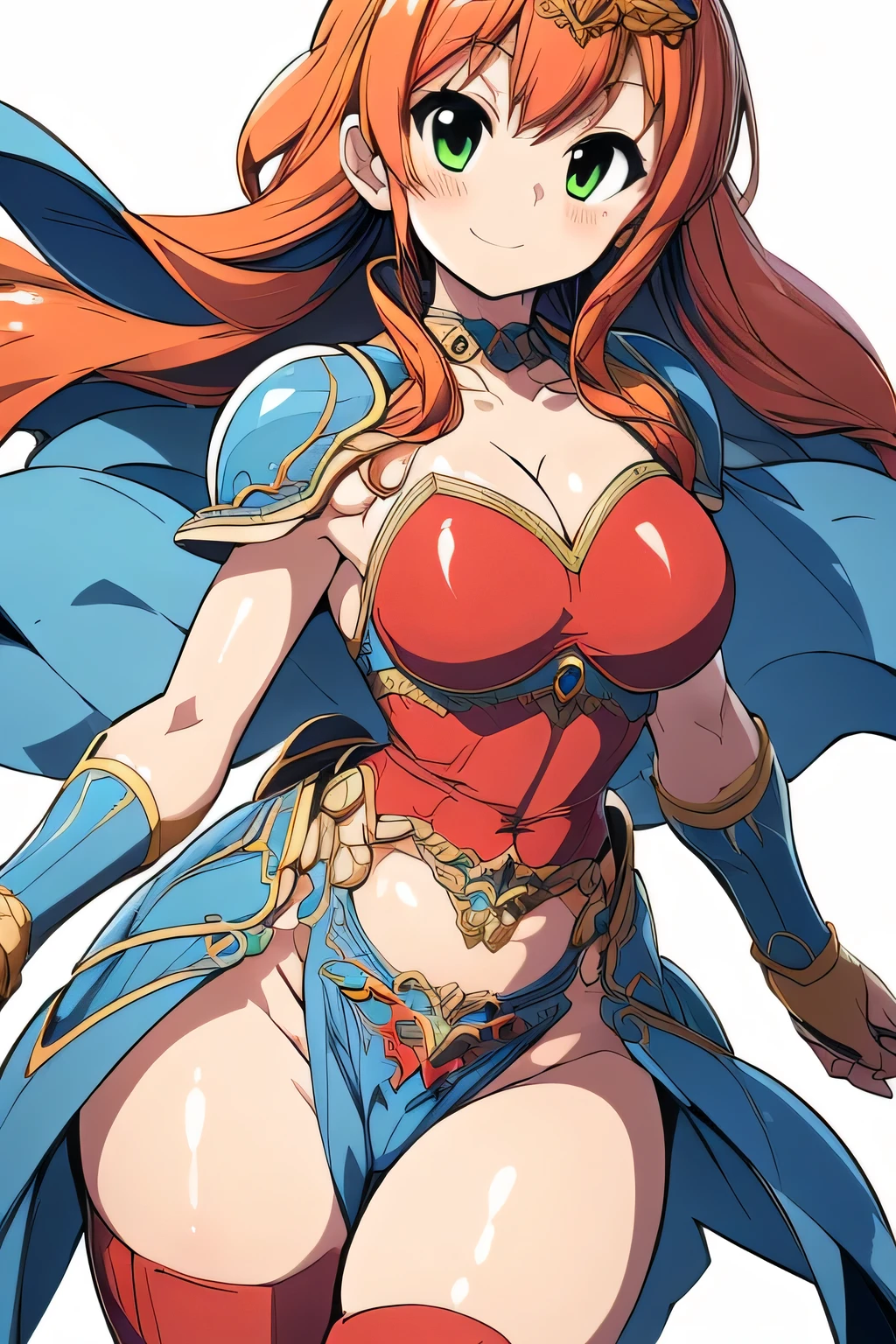 (masterpiece, highest quality:1.2),Lucia,1 girl,alone,green eyes,orange hair,very long hair,red armor dress,cowboy shot,wing tiara,((blue pelvic curtain armor)),((blue waist armor)),blue shoulder armor,(blue cuff),blue knee boots,pauldron,blue armor belt,with a sword