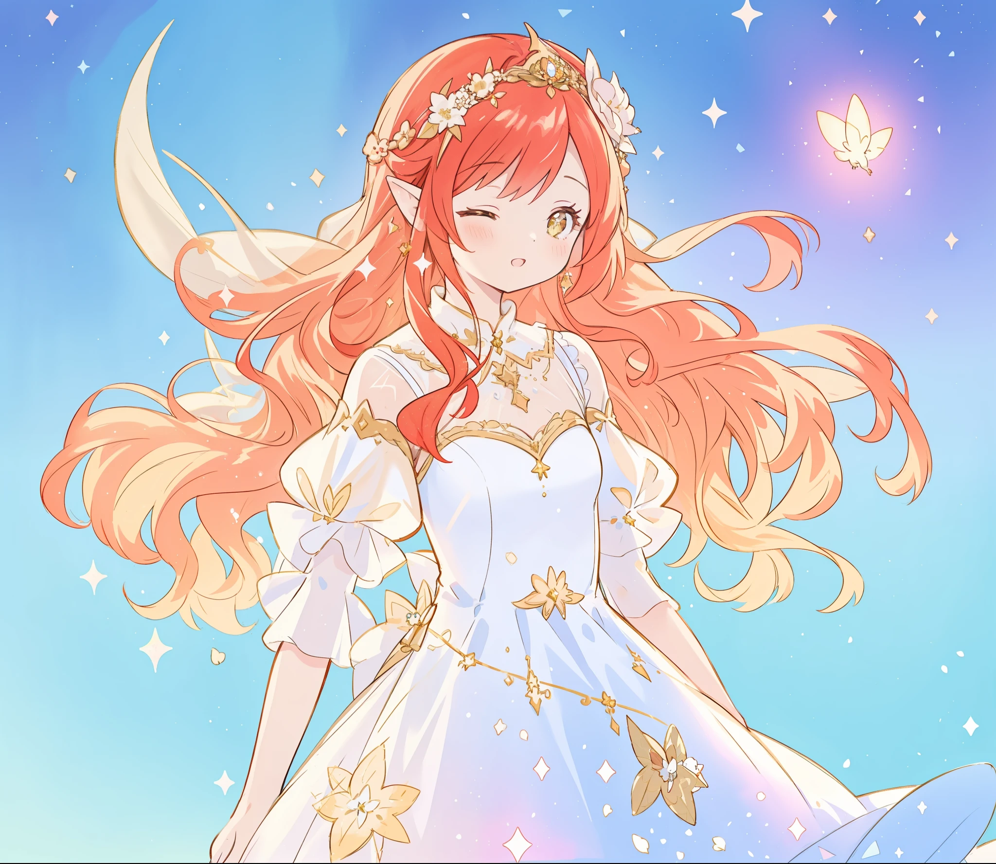 beautiful fairy girl in sparkling white layered dress, puffy flowing dress, sheer fluttering sleeves, ((sparkling fairy dress)), long red gold hair, colorful fantasia background, delicate white flowers, watercolor illustration, beautiful, masterpiece, best quality, vibrant pastel colors, colorful, vibrant, sharp focus, highly detailed, intricate details, golden ratio, perfect composition