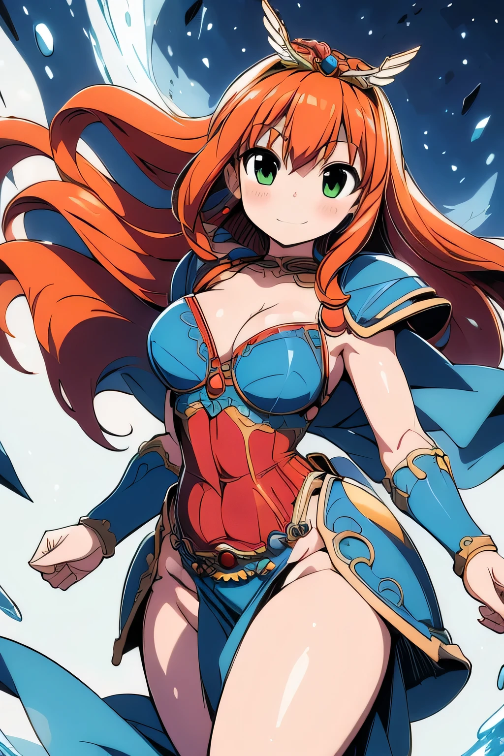 (masterpiece, highest quality:1.2),Lucia,1 girl,alone,green eyes,orange hair,very long hair,red armor dress,cowboy shot,wing tiara,((blue pelvic curtain armor)),((blue waist armor)),blue shoulder armor,(blue cuff),blue knee boots,pauldron,blue armor belt,with a sword