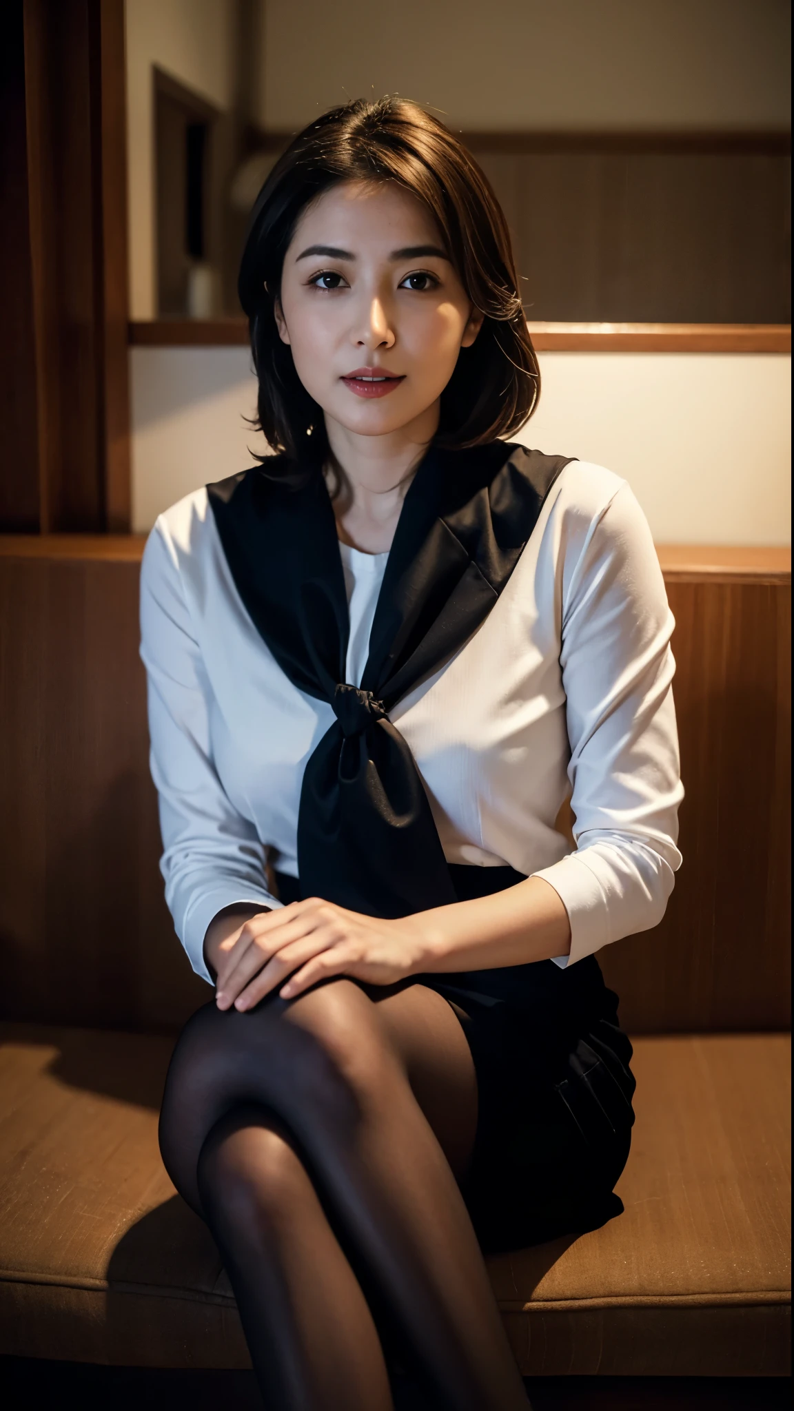 ((top-quality, 8K, ​masterpiece:1.3)), ((full body, close up:0.75)), Best Quality, Sexy woman wearing ultra-short airline stewardess uniform:1.3, ((soro:1.5)), super beauty, Wear beautiful black pantyhose, on attendant seat, plump thigh:1, Sit open legs in cockpit, ((nobody)), high-heels, skarf, (open mouth:0.3, seductive expression), The reality of light, RAW photogr, 8K, hight resolution, detailed skins, 8K, Ultra HD, Soft lighting, High quality, film grains, realistic skin textures, shiny skins,
