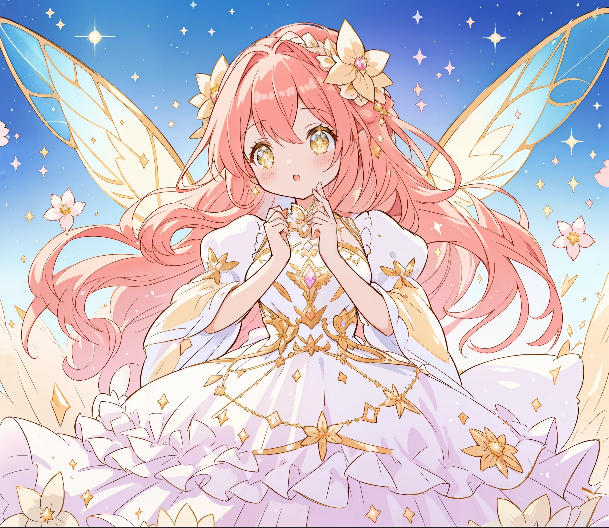 beautiful fairy girl in sparkling white layered dress, puffy flowing dress, sheer fluttering sleeves, ((sparkling fairy dress)), long red gold hair, colorful fantasia background, delicate white flowers, watercolor illustration, beautiful, masterpiece, best quality, vibrant pastel colors, colorful, vibrant, sharp focus, highly detailed, intricate details, golden ratio, perfect composition