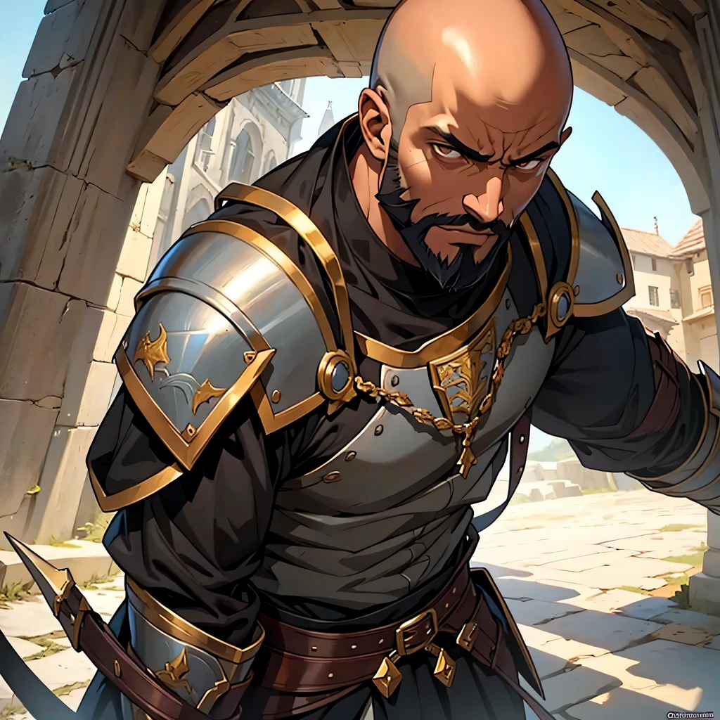 anime medieval art, masterpiece, best quality, male, solo, dark skinned, ((African)), bald, wearing black royal knight armor, angry face, beard, brown eyes