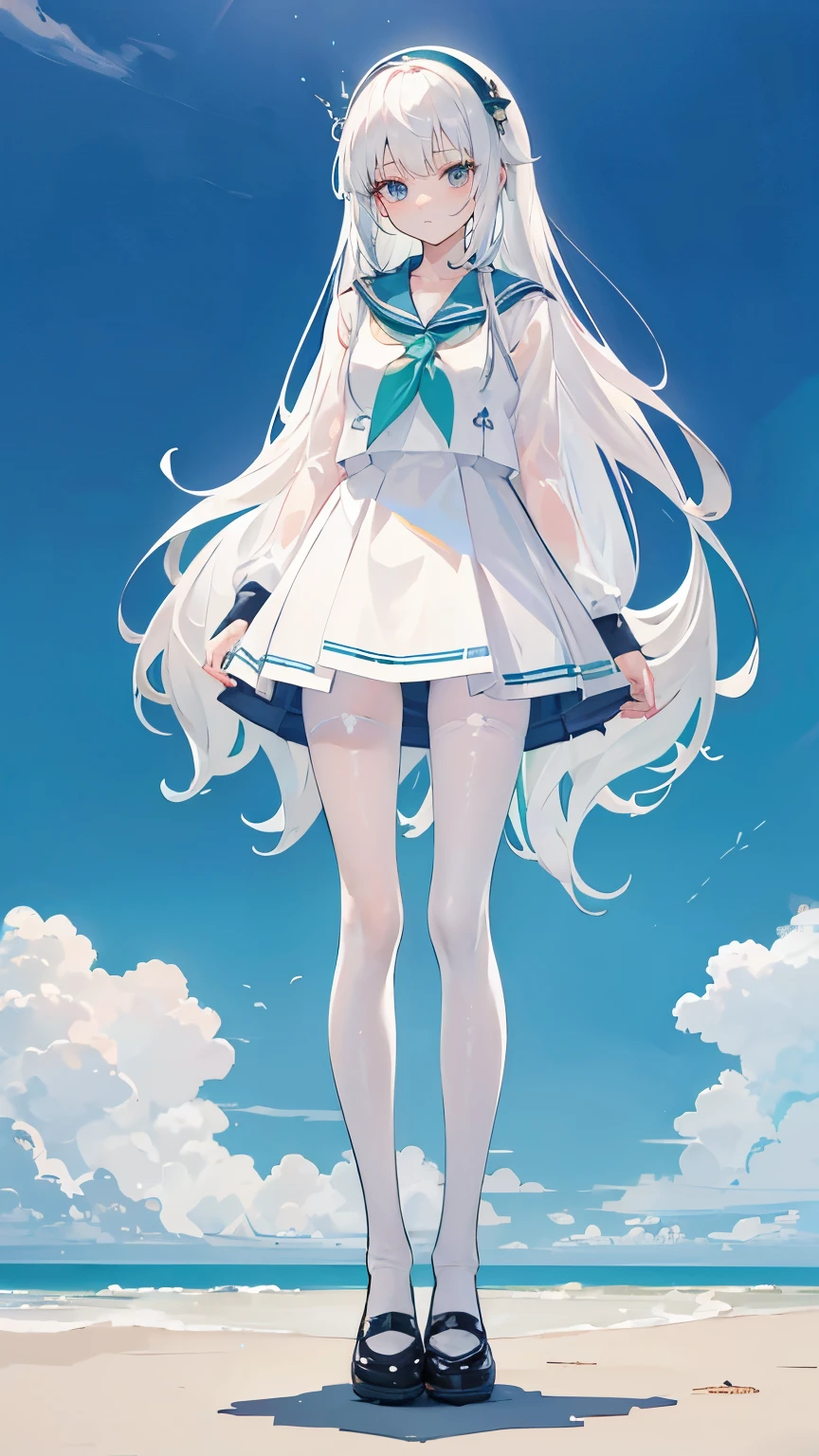 white hair,long hair,Bangs,Bangs整齐,green hairband,gray eyes,girl,cute,The body is very thin, JK sailor suit,White silk pantyhose,Wear small leather shoes on your feet,whole body,stand on the ground,Does not expose fingers,The background is blue sky and white clouds