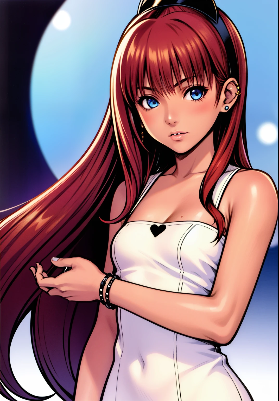 one girl, Ariana Grande, , standing, red hair, blue eyes, dark skin, staright bangs, tetsuya Nomura,