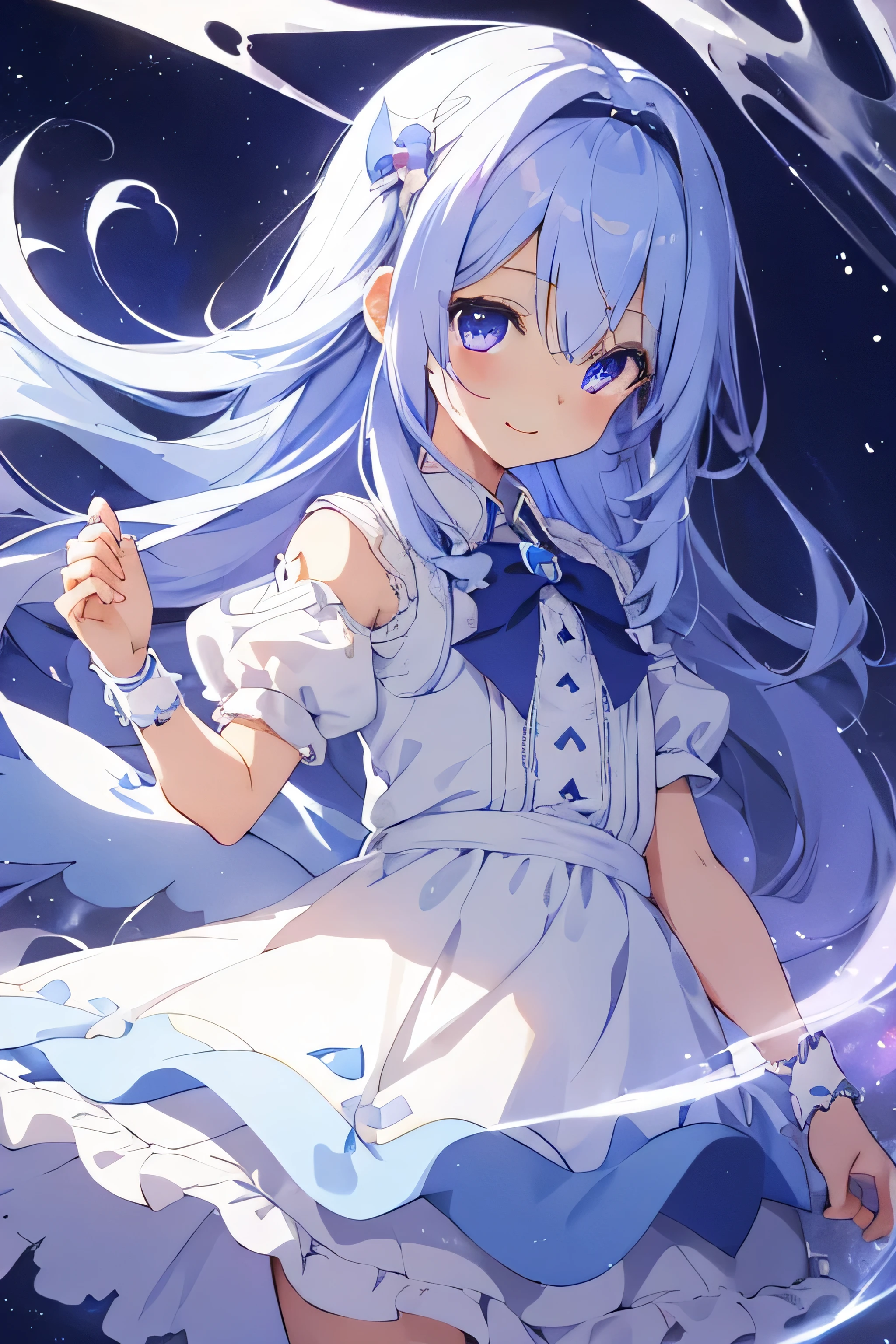 beautiful illustration, best quality, cute petit girl, chibi, sky blue magical girl, fractal art, babyface, long pure white and blue mesh hair, beautiful detailed purple eyes, cinematic lighting, cowboy shot, looking at viewer, happy, anime style, wrist band