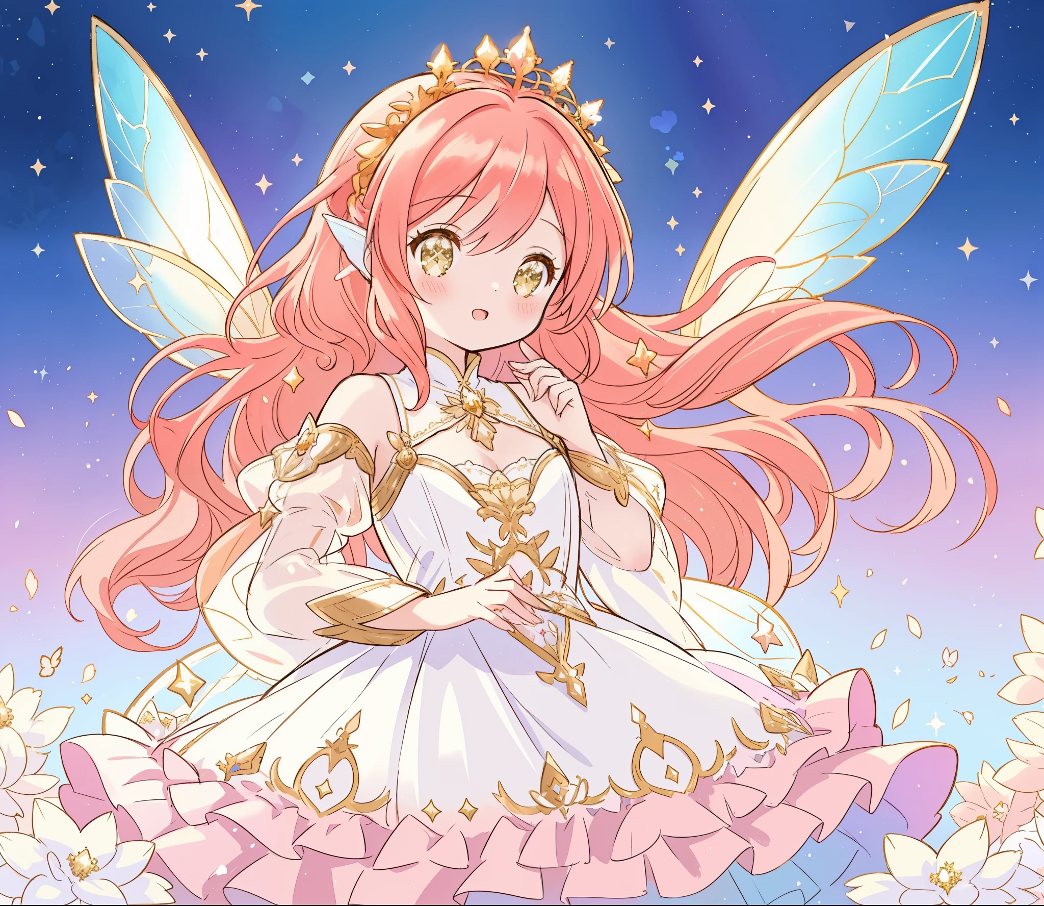 beautiful fairy girl in sparkling white layered dress, puffy flowing dress, sheer fluttering sleeves, ((sparkling fairy dress)), long red gold hair, colorful fantasia background, delicate white flowers, watercolor illustration, beautiful, masterpiece, best quality, vibrant pastel colors, colorful, vibrant, sharp focus, highly detailed, intricate details, golden ratio, perfect composition