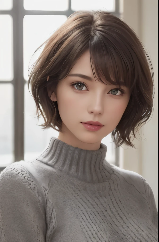 (Representative works:1.4)、(8K、photorealistic、RAW photo、Highest image quality:1.4)、(30 year old mature woman)、beautiful face、(realistic face)、(dark brown hair、short hair:1.3)、beautiful hairstyle、realistic eyes、beautiful detailed eyes、(realistic skin)、beautiful skin、(sweater)、uncoordinated、charm、ultra high resolution、Super realistic、High definition、golden ratio、Gray background