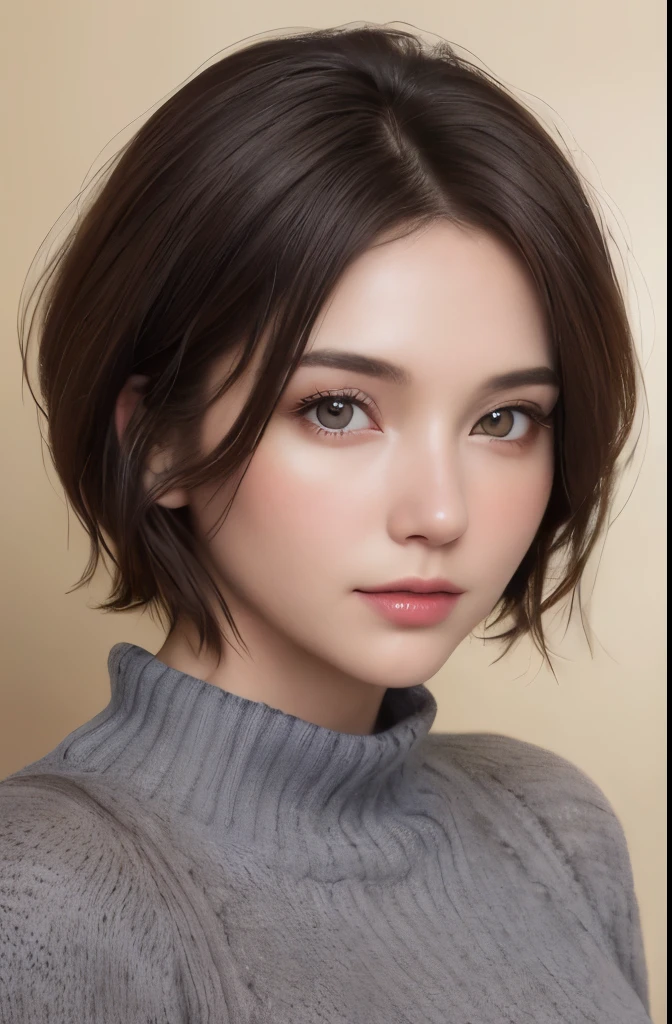 (Representative works:1.3)、(8K、photorealistic、RAW photo、Highest image quality:1.4)、(30 year old mature woman)、beautiful face、(realistic face)、(dark brown hair、short hair:1.3)、beautiful hairstyle、realistic eyes、beautiful detailed eyes、(realistic skin)、beautiful skin、(sweater)、uncoordinated、charm、ultra high resolution、Super realistic、High definition、golden ratio、Gray background