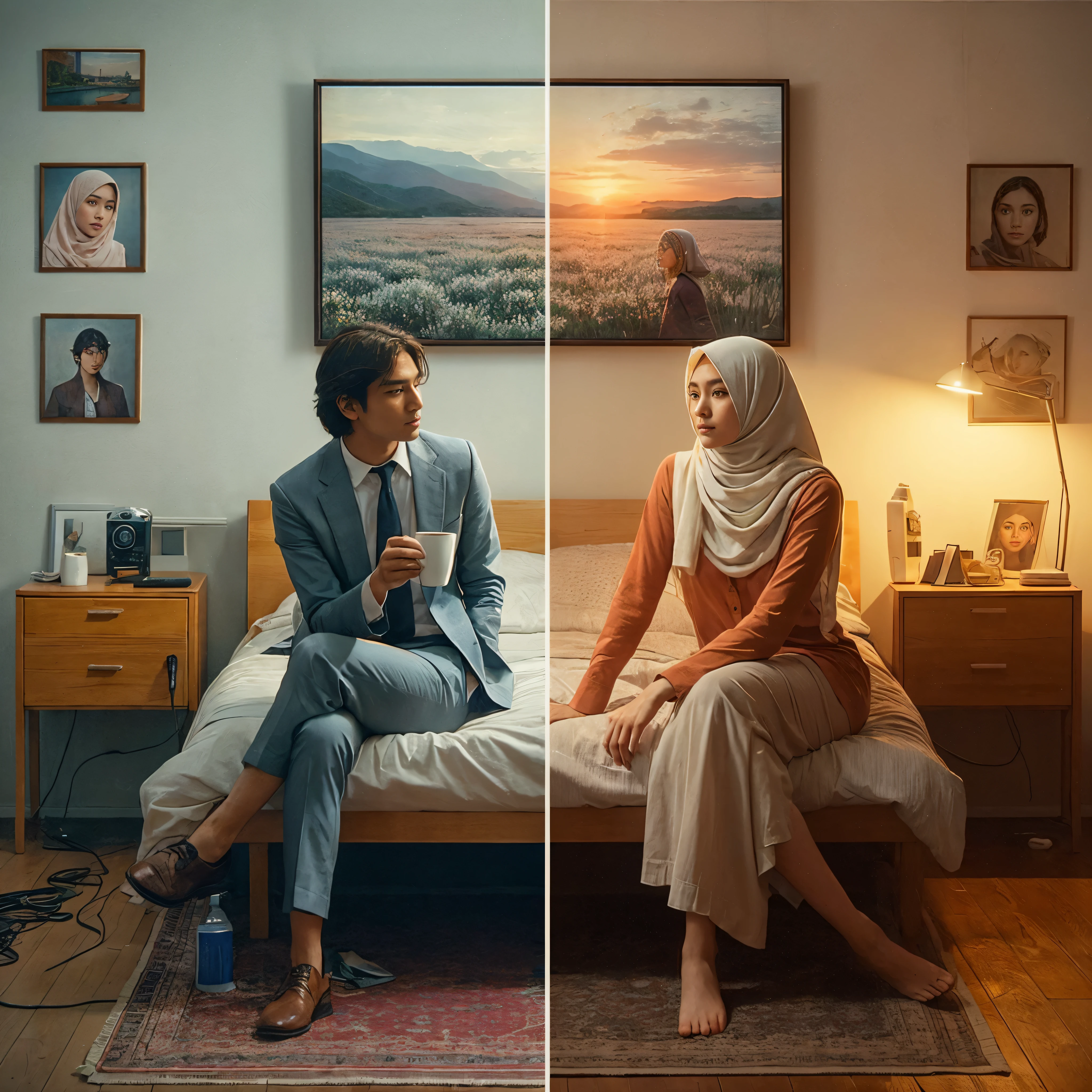 one images collage a showing two different picture with same foreground.
(first picture a show one asia man is leaning against the wall, holding a coffee cup in office).
(second picture a show one asia woman hijab is leaning against the wall and facing right, holding a photo in bed room).perfect body,epicrealism,ultra HD,atmospheric impressionism,photography,film dramatic realism,pre-raphaelite realism,detail on face,soft focus realism --ar 36:61 --stylize 750 --v6.