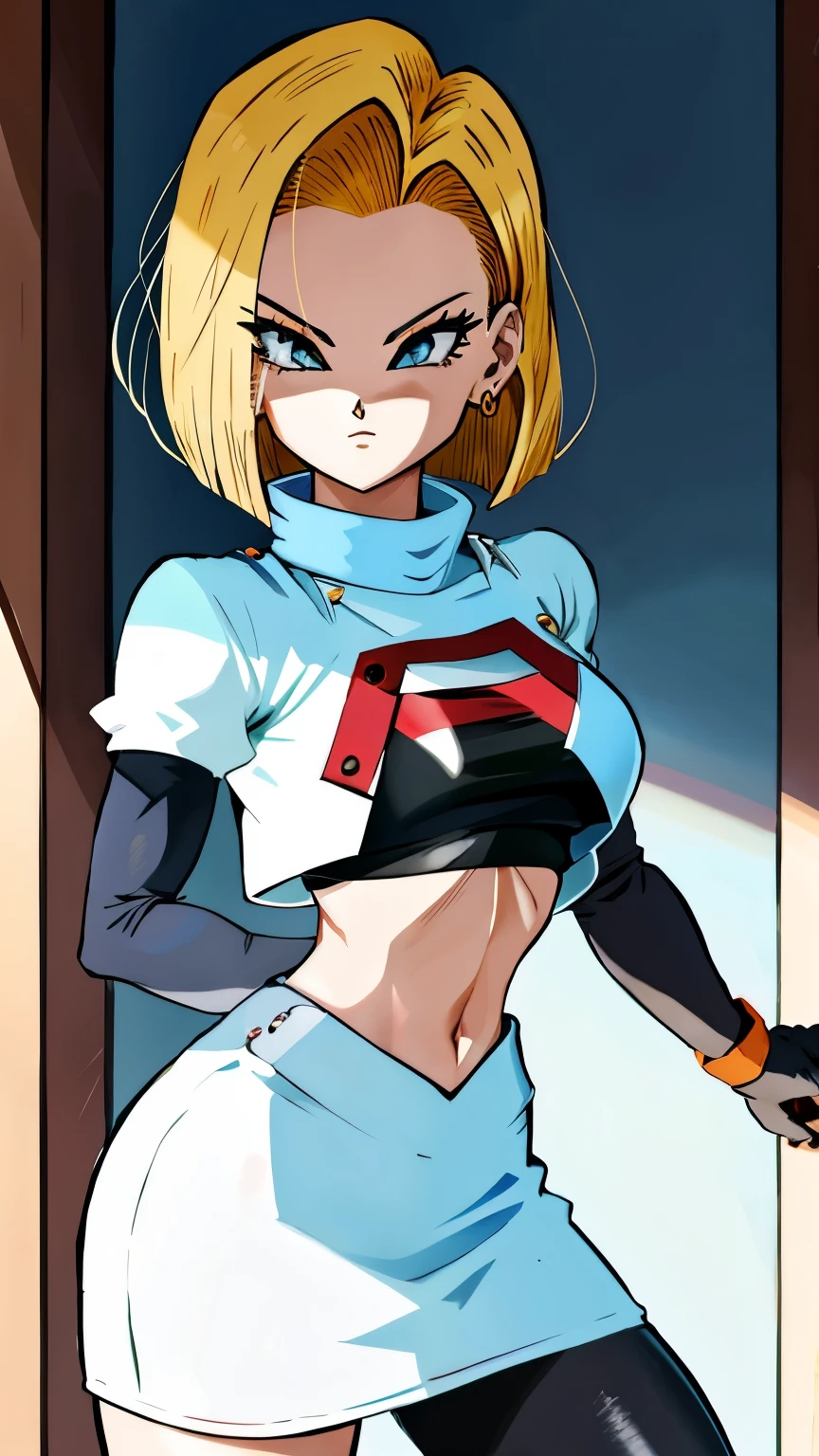 (((Android 18))), masterpiece, best quality, cowboy shot, 1girl, solo, saiyan armor, armor, black skirt, dress, wristband, black pantyhose, leggings, boots, bedroom background, indoors, nighttime, smile, happy, (large breasts), wide hips, curvy, thin waist, looking at viewer, bare shoulders, blonde hair, medium hair