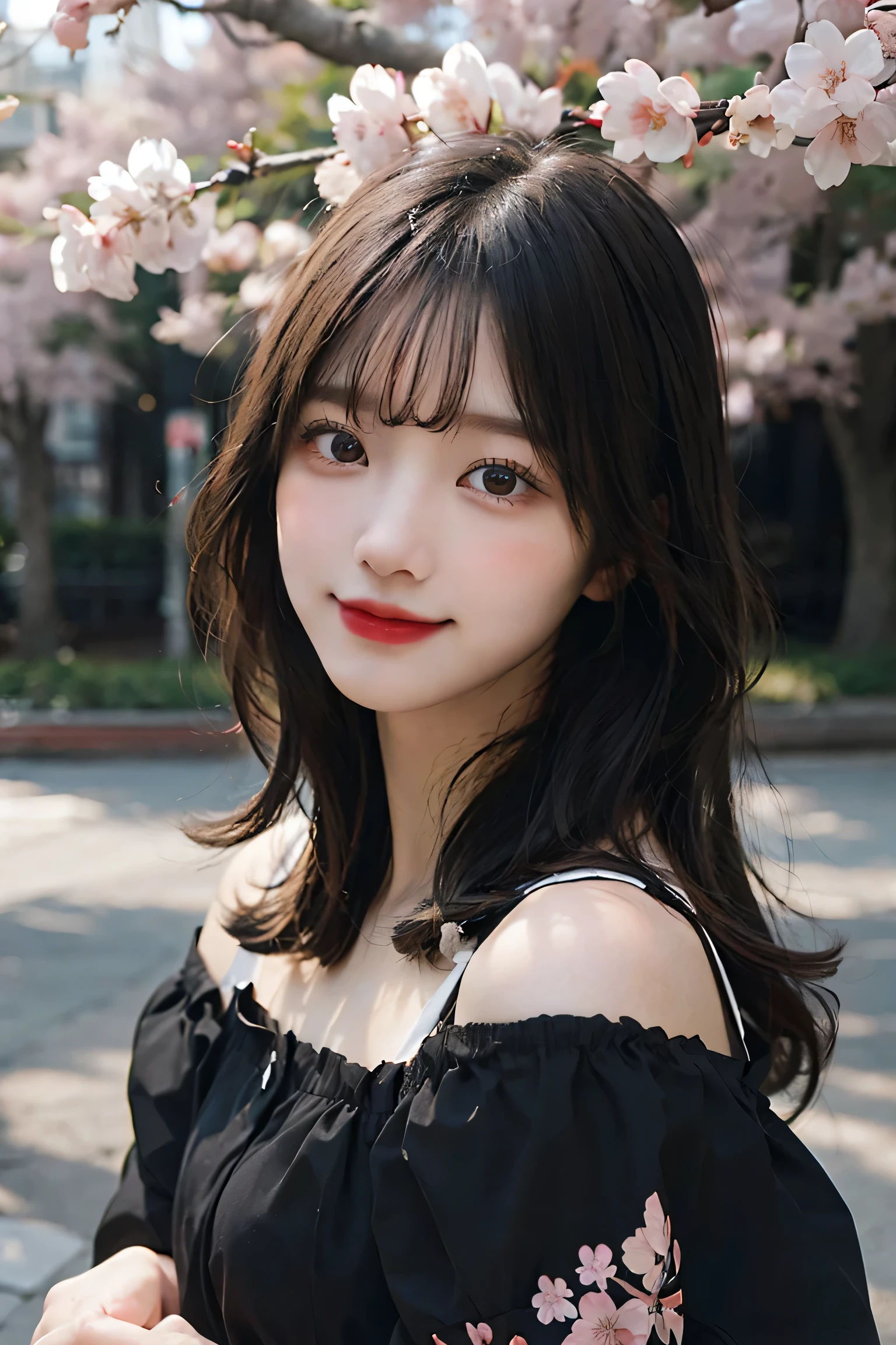 highest quality, masterpiece, ultra high resolution, to be born, 8k, surreal, young girl, off shoulder, smile, Natural light, fine skin, (black hair:1.4), red lipstick, (bangs:1.2), ((cherry blossom background)), very beautiful eyes, black eye