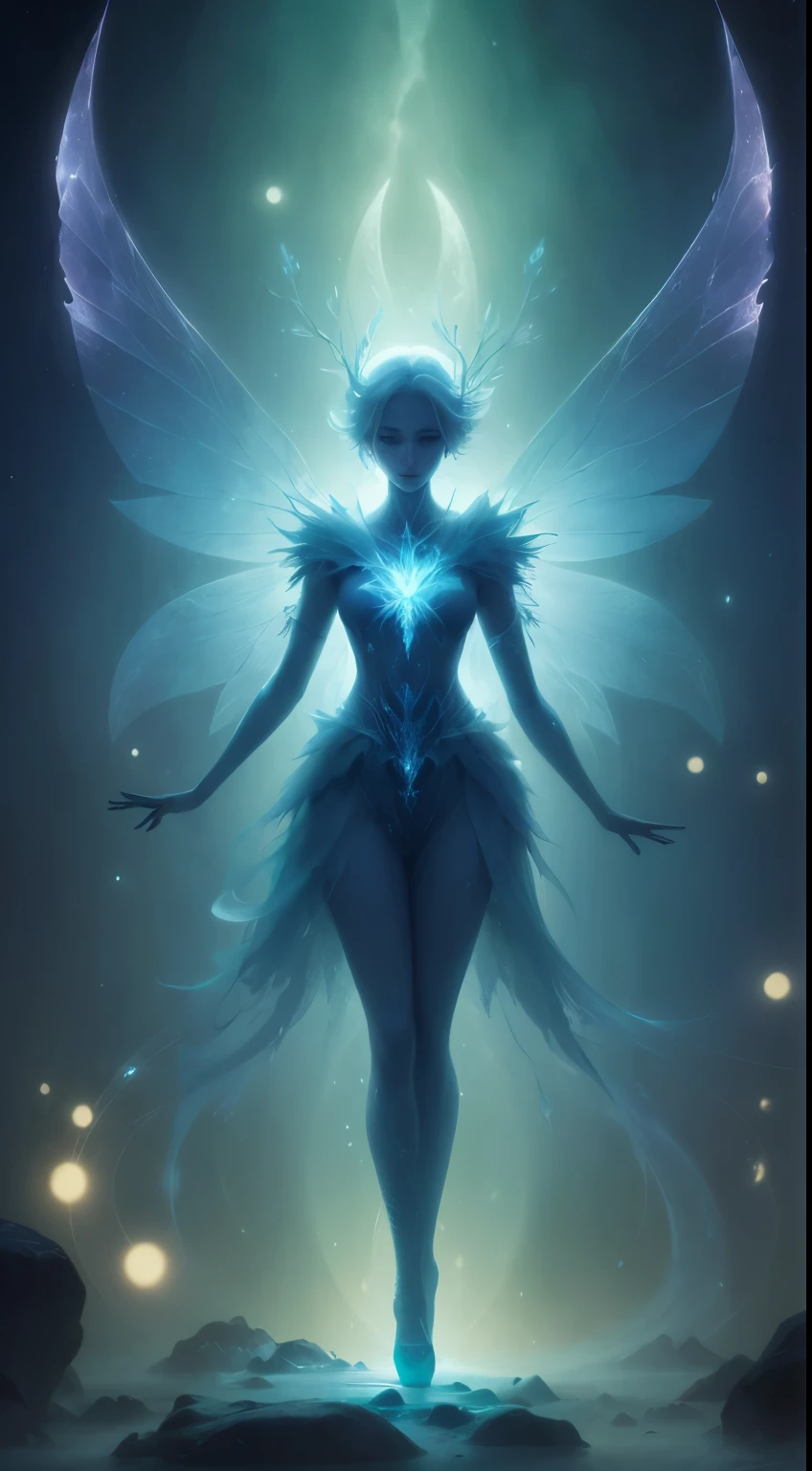 Merging seamlessly in an ethereal dance, the elusive concepts of quantum physics intertwine with the mystique of nature in a dreamlike state. frozen wings, ice crystals, frost, moon glow, blue fog, moon beams, blue-green light beams, bioluminescent lightThe sfumato effect blurs the boundaries between reality and imagination, shrouding the scene in enigmatic mystery. This intricate image, perhaps a painting, captivates with its delicate balance of scientific precision and dreamy ambiguity.