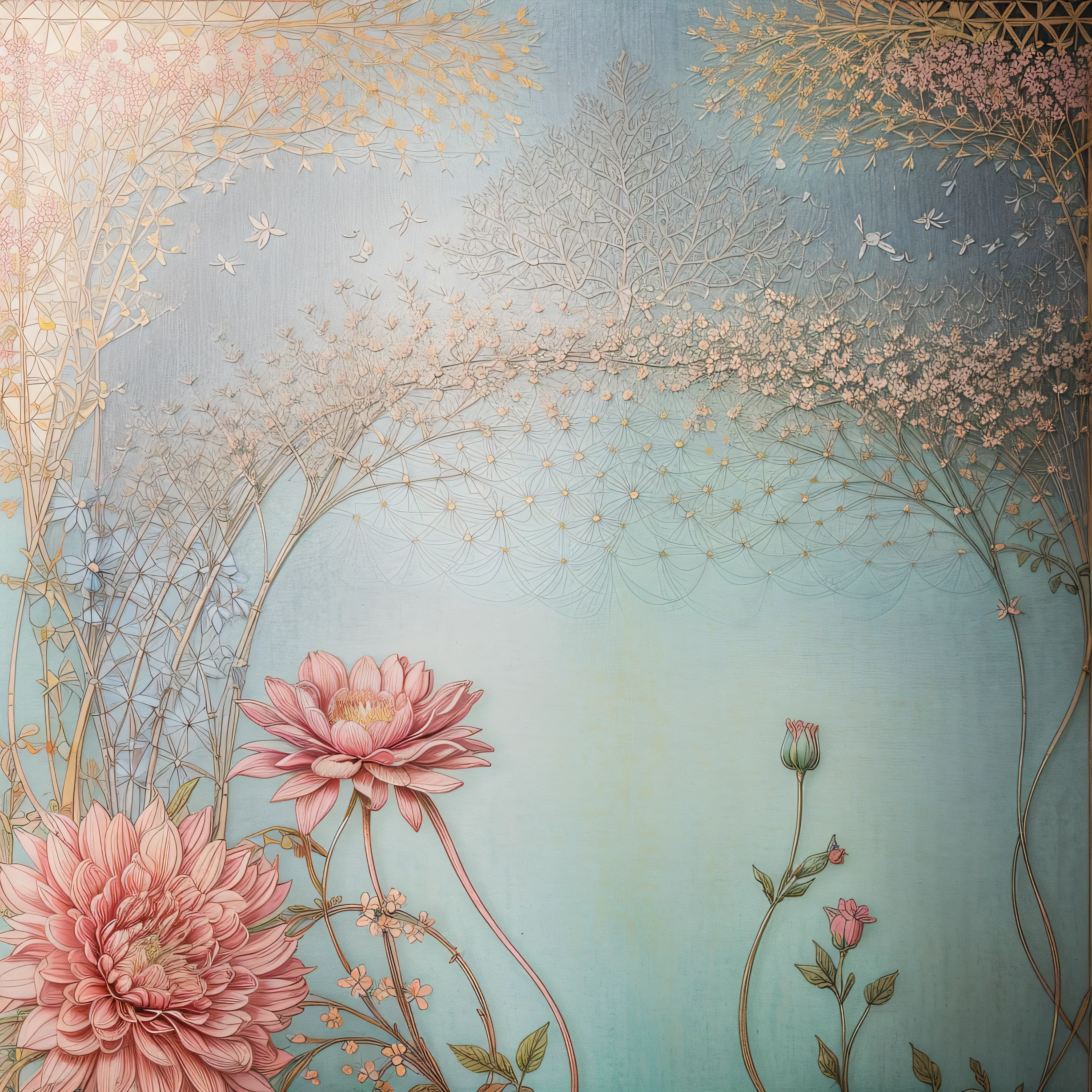 i need you help me produce a wallpaper pattern, the wallpaper contains a variety of flowers, in the style of art nouveau organic flowing lines, detailed foliage, english countryside, light cyan and pink, gray and amber, radiant clusters, folk art in inspiration