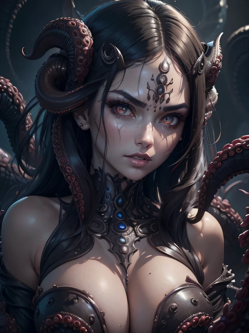 ((masterpiece、highest quality、Super detailed、High resolution、realistic、sharp focus、cinematic lighting))、Beautiful female alien from the world of Lovecraft、bust shot、dark atmosphere、Seductive red eyes、Sexy Alien、multiple hands、(Lots of blue tentacles)、Extraterrestrial life form、cell、bio image、attractive thick eyebrows、 (big red glowing eyes)、Beautiful eyes with high bilateral symmetry、highly detailed eyes、clear eyes、Smooth limbs、Intimate look、perfect anatomy、(Beautiful toned body、moist skin)、body smeared with mucus、Glamour、Dress with a ferocious image、heavy makeup、long canines、gorgeous face、many intertwined tentacles、SF、evil aura、H. R.Giger&#39;Impact of、cthulhu、view audience、tentaclehorrorai