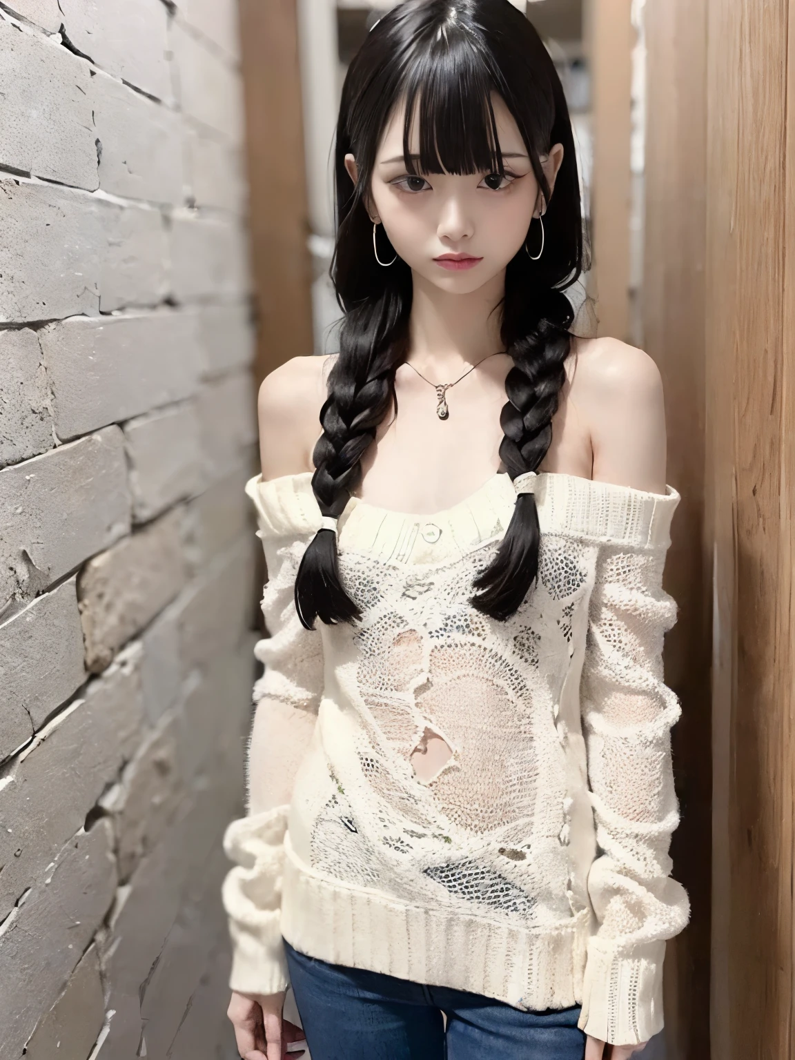 raw photo, 8k, (top-quality), Realistic, (real picture, Intricate details), (natural skin texture, detailed skin, hyper realism, sharpness), (Japanese teenage girl standing in an abandoned apartment building), ((Off-shoulder white hand-knitted long sweater)), (pale skin:1.2), ((white hair, long braid hair, blunt bangs)), (seductive face, provocative look, Parted lips:1.3), (((flat chest:1.5))), thigh, dusty room, cracked wall, Messy floor, Pile of rubble:1.3, spot lighting:1.3, Full body shot,