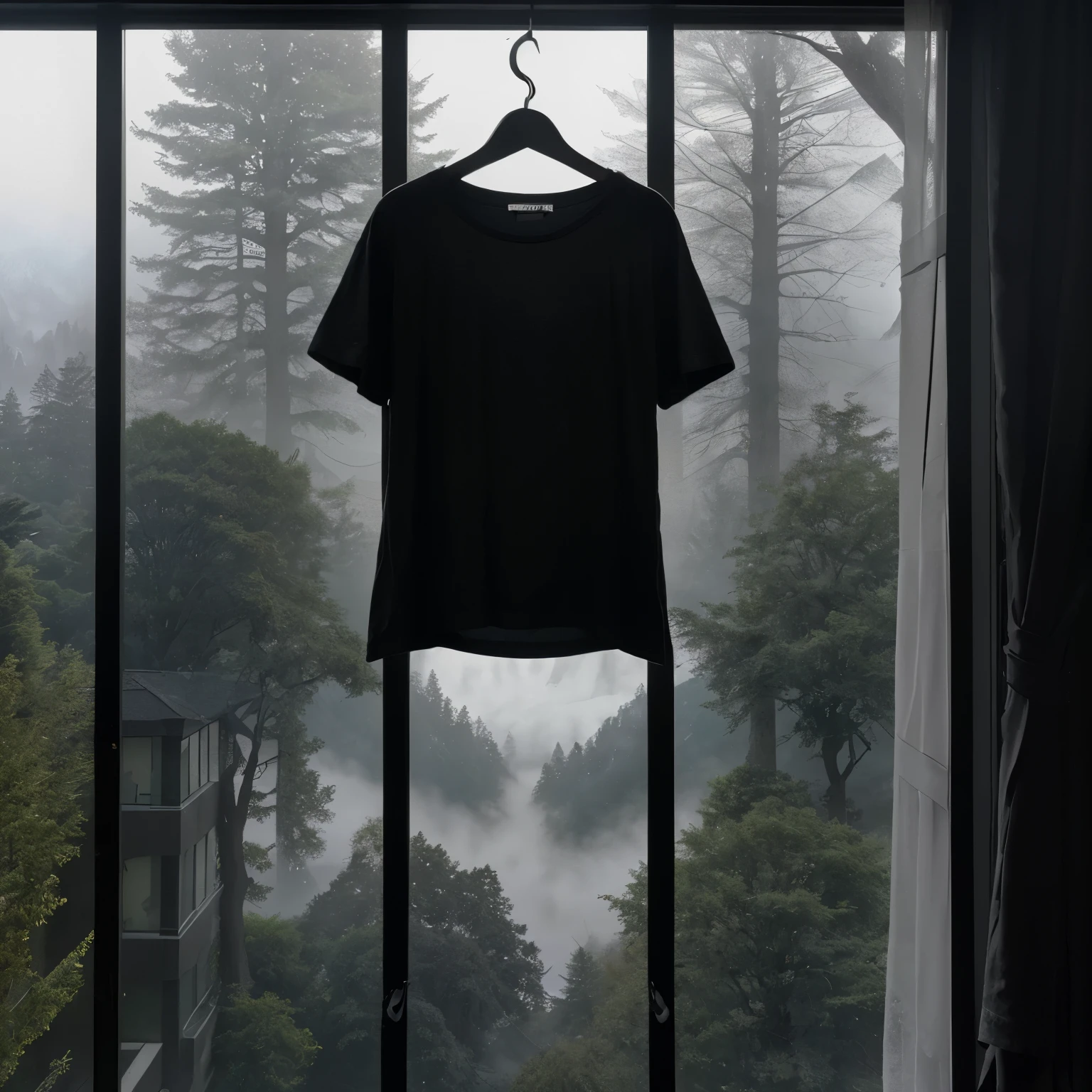 A black t-shirt on a hanger hanging in front of a window of a modern mansion Hidden in the middle of the trees with a view of the mountains on a foggy day, Black Aesthetic