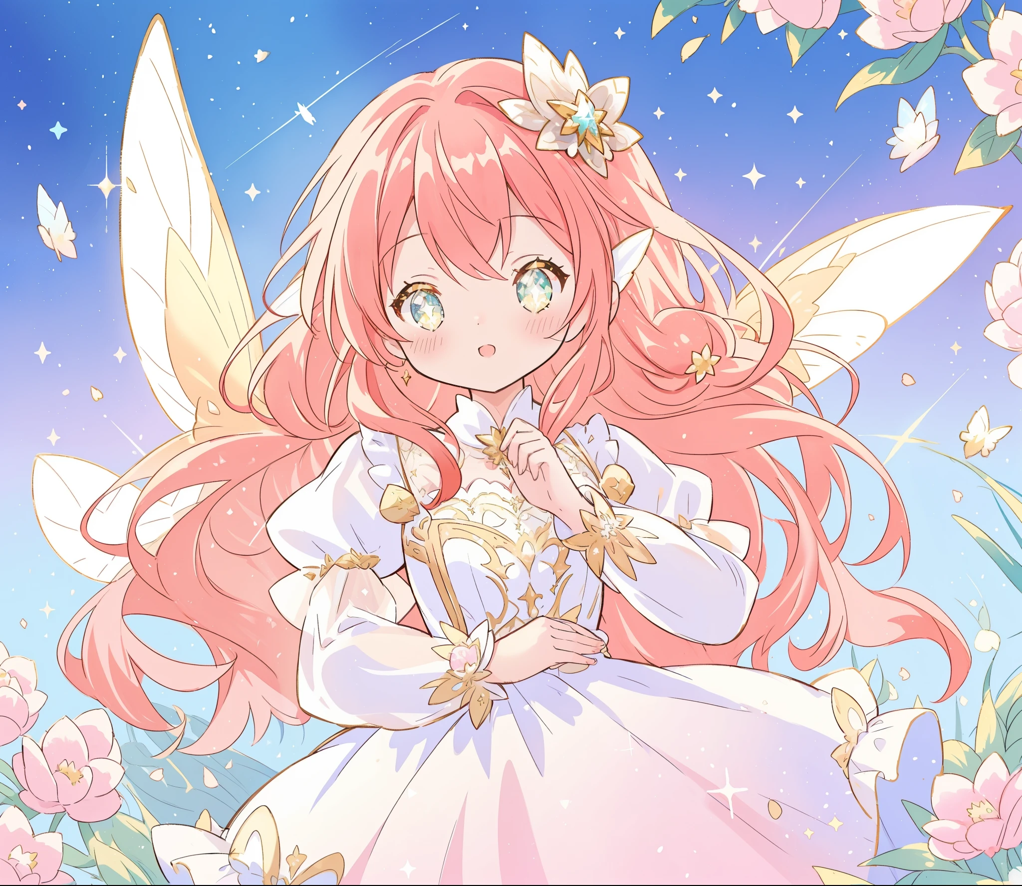 beautiful fairy girl in sparkling white layered dress, puffy flowing dress, sheer fluttering sleeves, ((sparkling fairy dress)), long red gold hair, colorful fantasia background, delicate white flowers, watercolor illustration, beautiful, masterpiece, best quality, vibrant pastel colors, colorful, vibrant, sharp focus, highly detailed, intricate details, golden ratio, perfect composition