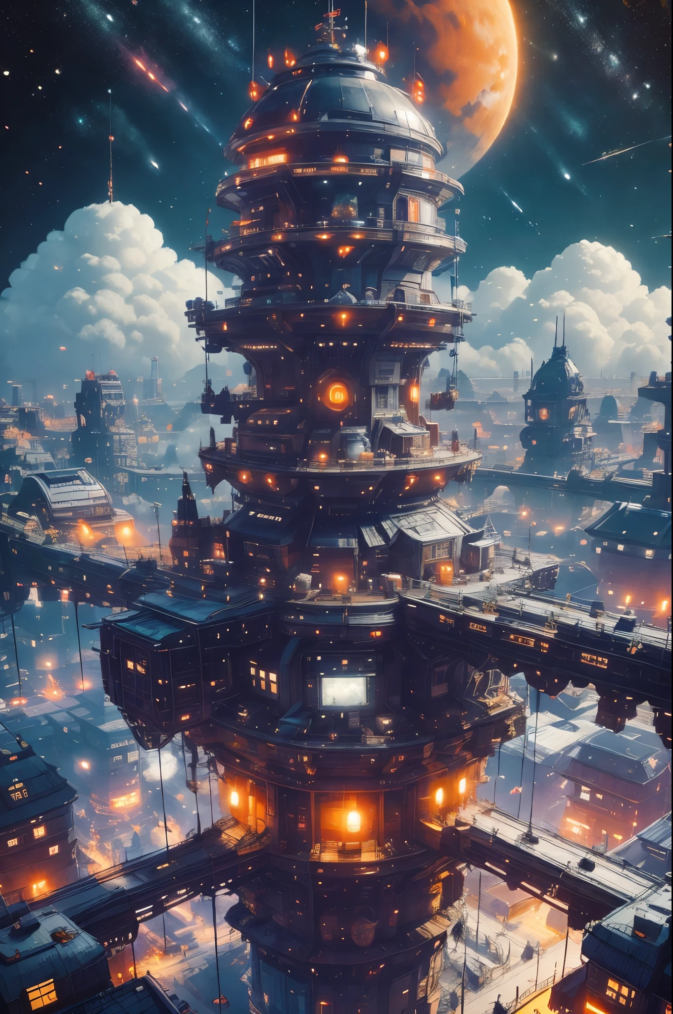 COMG3O,above clouds,aerial fireworks,album cover,arch,architecture,aurora,balcony,boots,bridge,building,car,castle,chain-link fence,chimney,christmas,christmas lights,christmas tree,city,city lights,cityscape,clock,clock tower,cloud,cloudy sky,constellation,crescent moon,crosswalk,dark,diffraction spikes,dusk,earth \(planet\),east asian architecture,fantasy,ferris wheel,festival,fireflies,fireworks,fisheye,fountain,full moon,galaxy,gate,gradient sky,house,lamppost,landscape,lantern,light,light particles,lights,milky way,moon,moonlight,mountain,night,night sky,no humans,onsen,outdoors,pagoda,paper lantern,pavement,planet,purple sky,rainbow,red moon,reflection,reindeer,road,rooftop,scenery,science fiction,shooting star,sky,skyline,skyscraper,smoke,smokestack,snow,snowing,solo,space,space craft,stadium,staff,stairs,star \(sky\),star \(symbol\),starry background,starry sky,starry sky print,steam,street,sunset,tanabata,tanzaku,telescope,tokyo \(city\),tower,town,twilight,ufo,water,window,winter,yukata,A futuristic space station is shown in jewel tones,cinematic lighting,bright colors,in frame