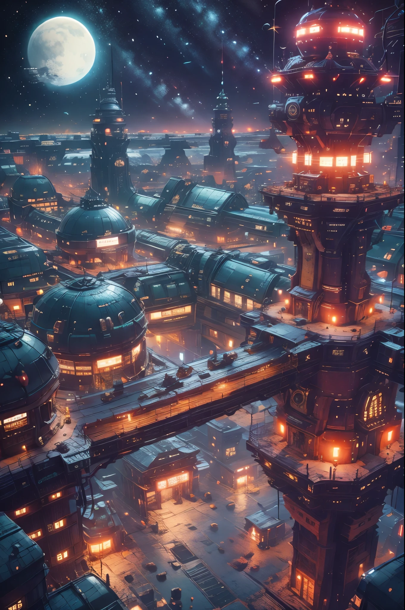 COMG3O,above clouds,aerial fireworks,album cover,arch,architecture,aurora,balcony,boots,bridge,building,car,castle,chain-link fence,chimney,christmas,christmas lights,christmas tree,city,city lights,cityscape,clock,clock tower,cloud,cloudy sky,constellation,crescent moon,crosswalk,dark,diffraction spikes,dusk,earth \(planet\),east asian architecture,fantasy,ferris wheel,festival,fireflies,fireworks,fisheye,fountain,full moon,galaxy,gate,gradient sky,house,lamppost,landscape,lantern,light,light particles,lights,milky way,moon,moonlight,mountain,night,night sky,no humans,onsen,outdoors,pagoda,paper lantern,pavement,planet,purple sky,rainbow,red moon,reflection,reindeer,road,rooftop,scenery,science fiction,shooting star,sky,skyline,skyscraper,smoke,smokestack,snow,snowing,solo,space,space craft,stadium,staff,stairs,star \(sky\),star \(symbol\),starry background,starry sky,starry sky print,steam,street,sunset,tanabata,tanzaku,telescope,tokyo \(city\),tower,town,twilight,ufo,water,window,winter,yukata,A futuristic space station is shown in jewel tones,cinematic lighting,bright colors,in frame