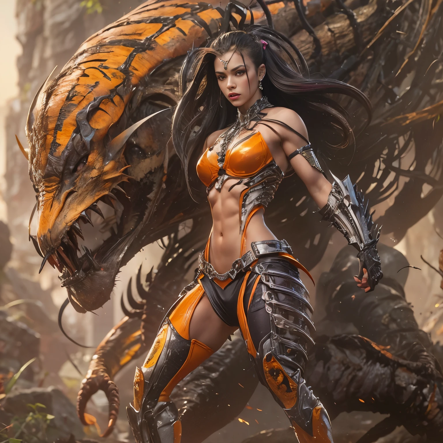 1 female alien, The predator, warrior, (extremely beautiful:1.2), (intense gaze:1.4), (predator:1.1), long dark claws, NSFW, nipples, thick eyebrows, glowing and shining orange eyes, the most beautiful face in the universe, platinum blonde,
A woman with an extremely beautiful face, her intense gaze fixed on her prey, a primal force that could not be denied.
(extreamly beautiful lean body:1.5), (ultra muscular build:1.2), (prowling:1.3), (sleek movements:1.4),
Her beautiful body, muscular and toned, moved with sleek grace as she prowled, ready to strike at a moment's notice. The predator within her was always on