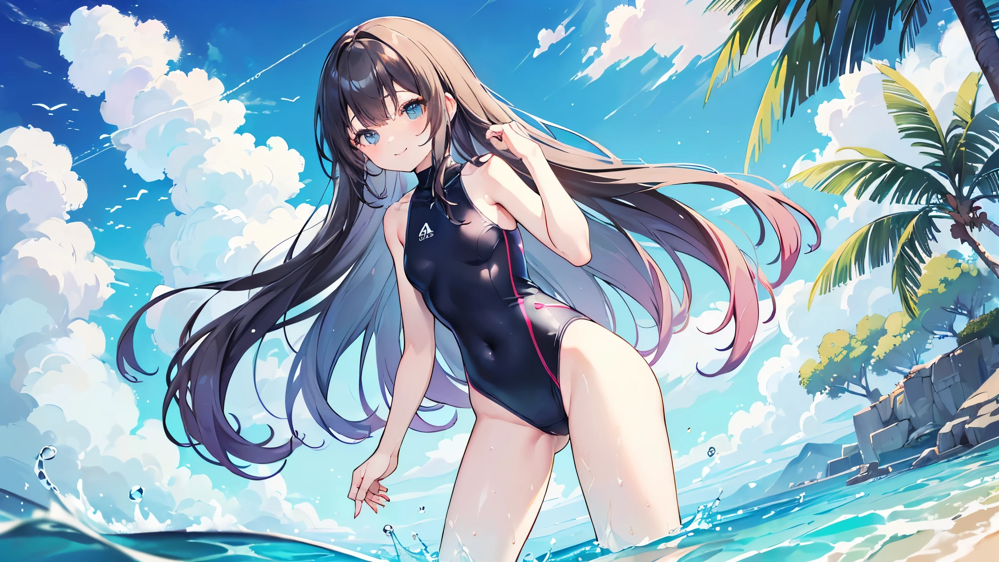 ((master piece、8k、highest quality、perfect fingers: 1.6、perfect anatomy: 1.3、background blur))、(: 1.6)、(straight long hair 、High neck swimsuit、Slender beautiful girl: 1.7)、(standing position、wide shot、best smile:1.4)、(sea bathing、summer blue sky、vast white sand beach:1.3)、