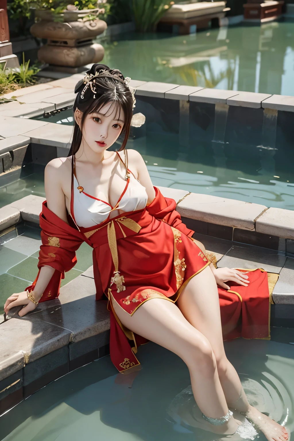 Yang Guifei,Slender white legs,Plump body,The chaise comes out of the bath,Huaqing Palace,Chinese classical palace,hot spring pool,Tang Dynasty,Ancient clothes,Red clothes。8K