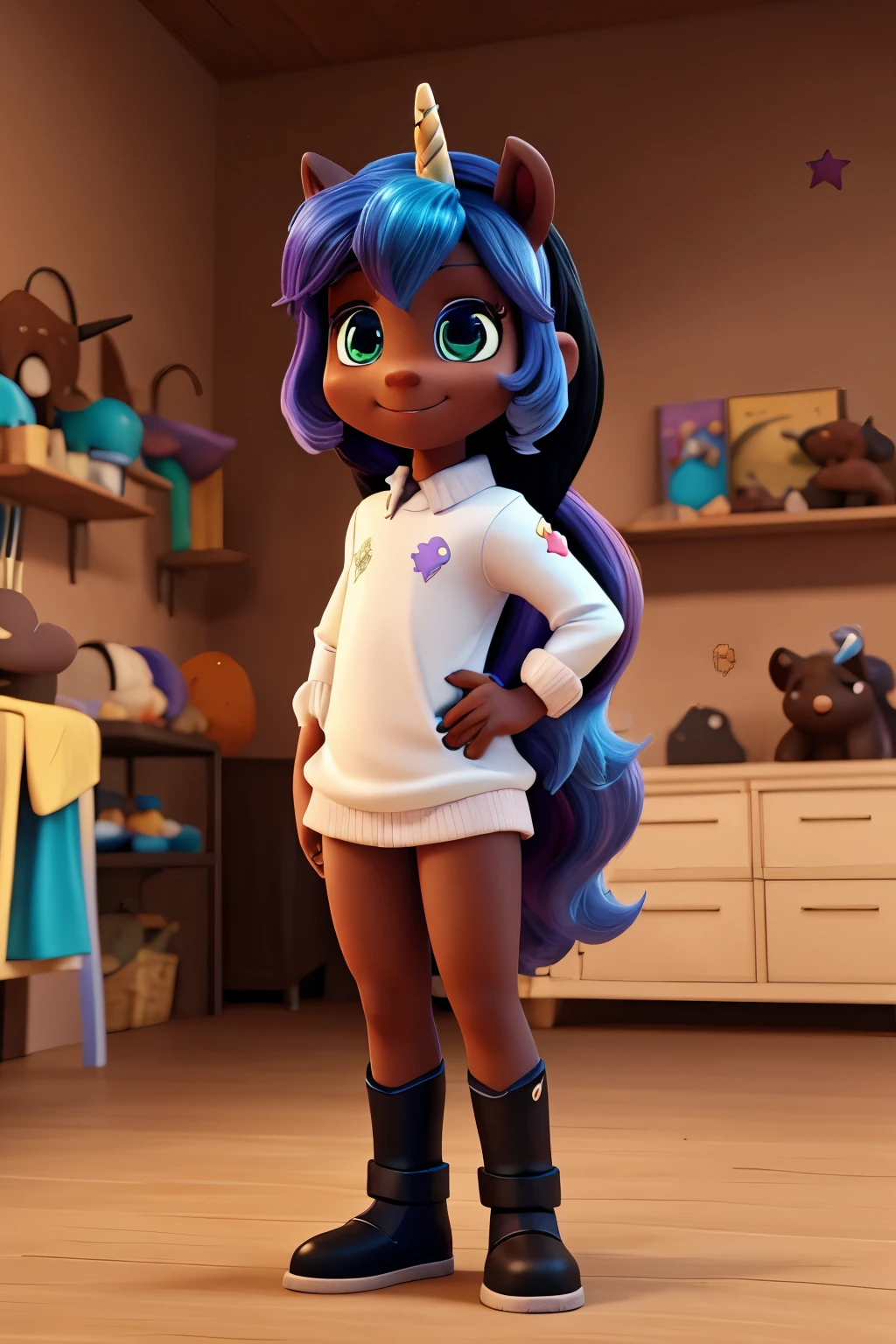 cartoon unicorn with blue hair and a black horn, (((Black skin color))) unicorn, brown skin unicorn, unicorn from the tusk movie, blue unicorn, a unicorn, 3 d cavalo pet shop, unicorns, unicorn horn, bonitinho digital art, bonitinho 3 d render, bonitinho cartoon character, Chibi, bonitinho character, personagem toonix, anthropomorphic mare, my little Pony, bonitinho