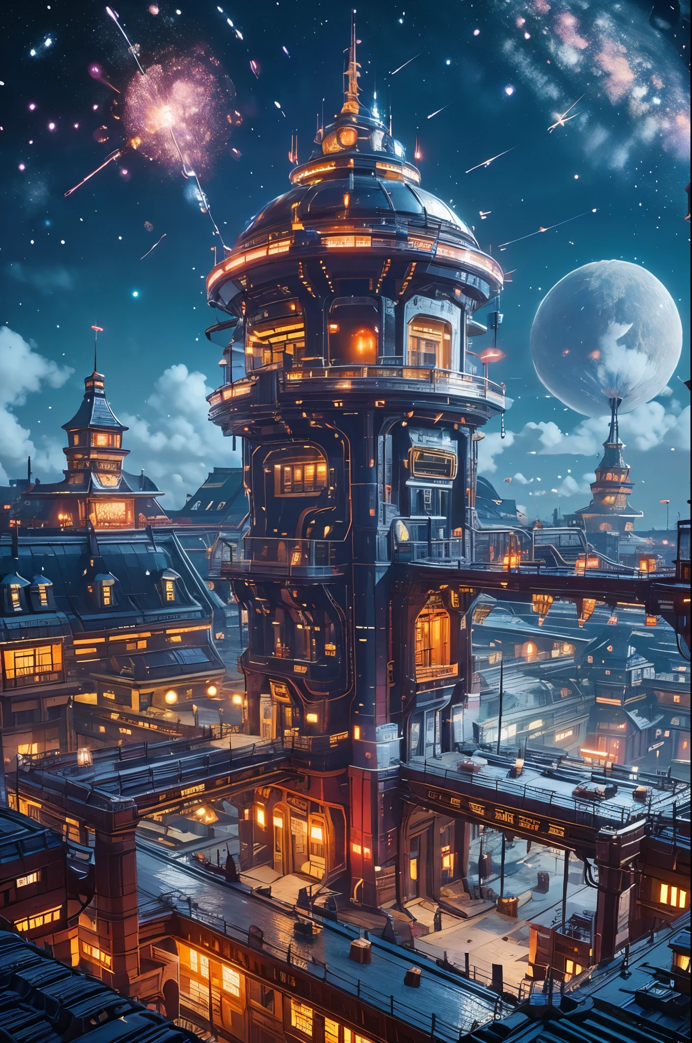 COMG3O,above clouds,aerial fireworks,album cover,arch,architecture,aurora,balcony,boots,bridge,building,car,castle,chain-link fence,chimney,christmas,christmas lights,christmas tree,city,city lights,cityscape,clock,clock tower,cloud,cloudy sky,constellation,crescent moon,crosswalk,dark,diffraction spikes,dusk,earth \(planet\),east asian architecture,fantasy,ferris wheel,festival,fireflies,fireworks,fisheye,fountain,full moon,galaxy,gate,gradient sky,house,lamppost,landscape,lantern,light,light particles,lights,milky way,moon,moonlight,mountain,night,night sky,no humans,onsen,outdoors,pagoda,paper lantern,pavement,planet,purple sky,rainbow,red moon,reflection,reindeer,road,rooftop,scenery,science fiction,shooting star,sky,skyline,skyscraper,smoke,smokestack,snow,snowing,solo,space,space craft,stadium,staff,stairs,star \(sky\),star \(symbol\),starry background,starry sky,starry sky print,steam,street,sunset,tanabata,tanzaku,telescope,tokyo \(city\),tower,town,twilight,ufo,water,window,winter,yukata,A futuristic space station is shown in jewel tones,cinematic lighting,bright colors,in frame