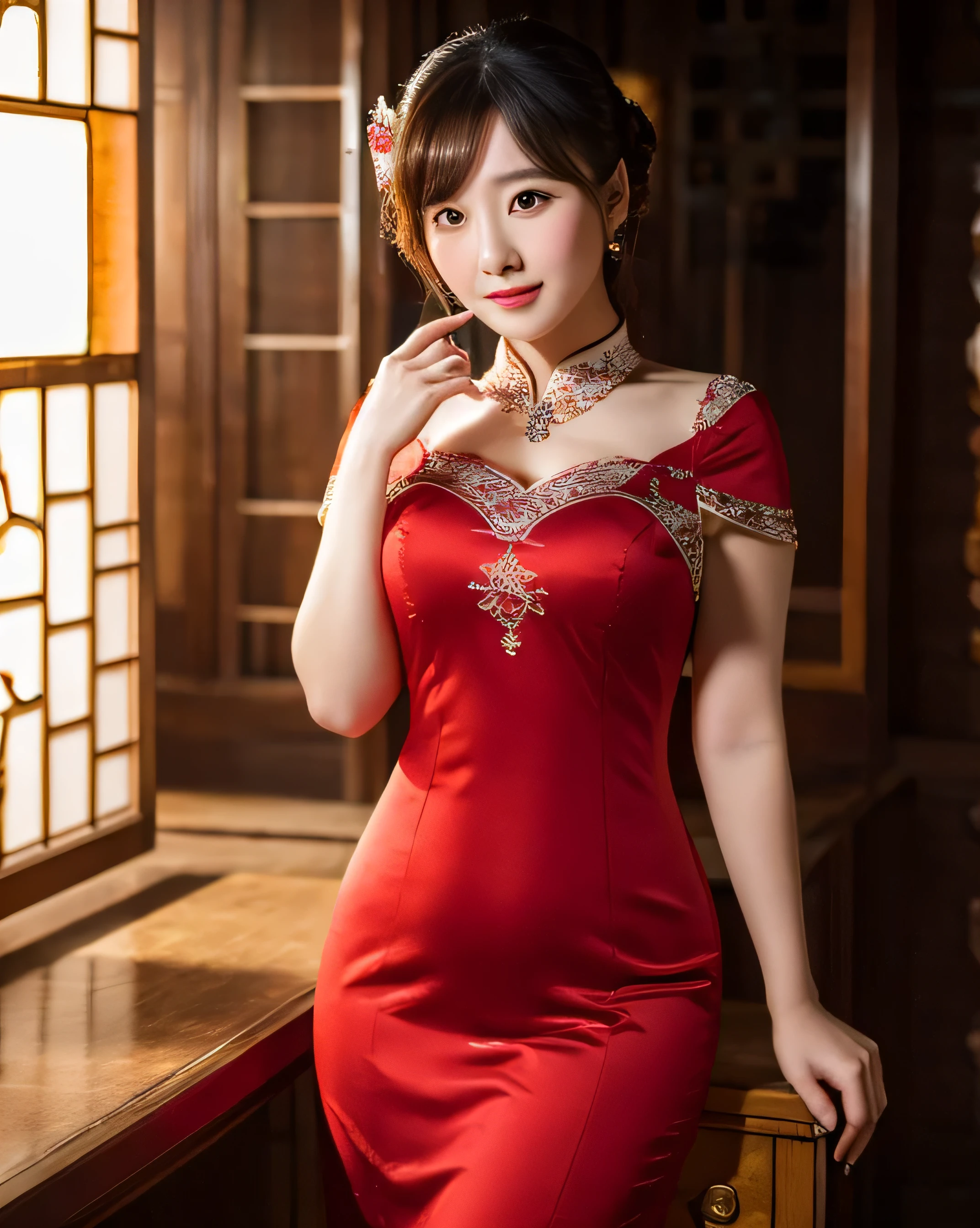 1 female, Overweight, China dress, Extremely fat, Chubby, Japanese, 4k, High resolution, masterpiece, highest quality, fine skin, sharp focus, (cinematic lighting)