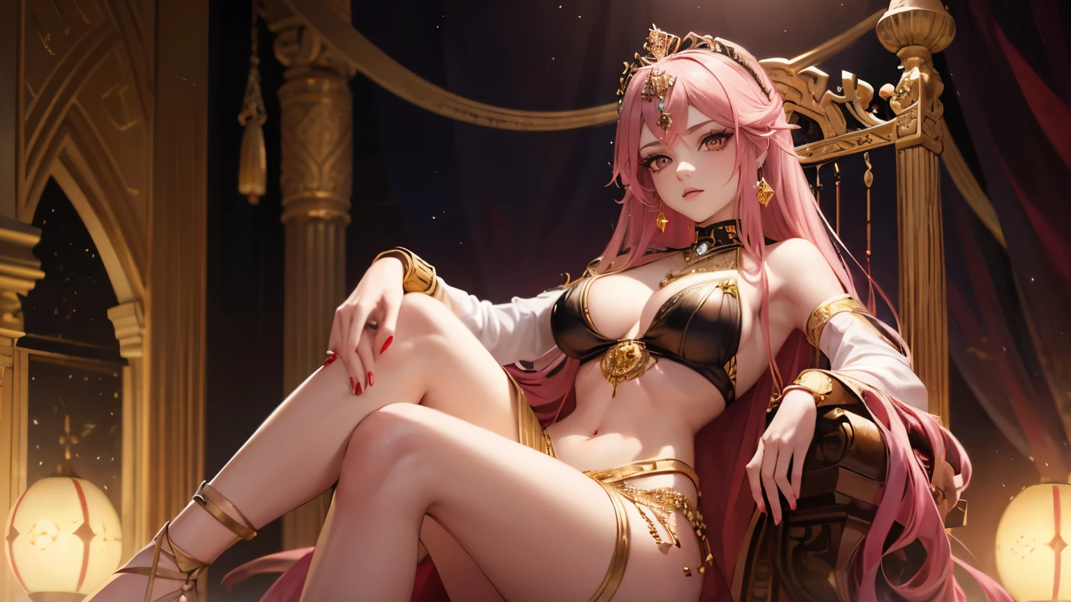 (Masterpiece, top quality, Best quality, Official art, beautiful and aesthetically pleasing:1.2), (1 girl), extremely detailed, pink hair, Red eyes, black eyelashes, sitting on the throne ,golden tiara, Gold earrings, Gold necklace with ruby, Oriental dancer, Arabian fairytale interior, daemon, gin, colorful, as detailed as possible, desert and stars in the background, Ruin