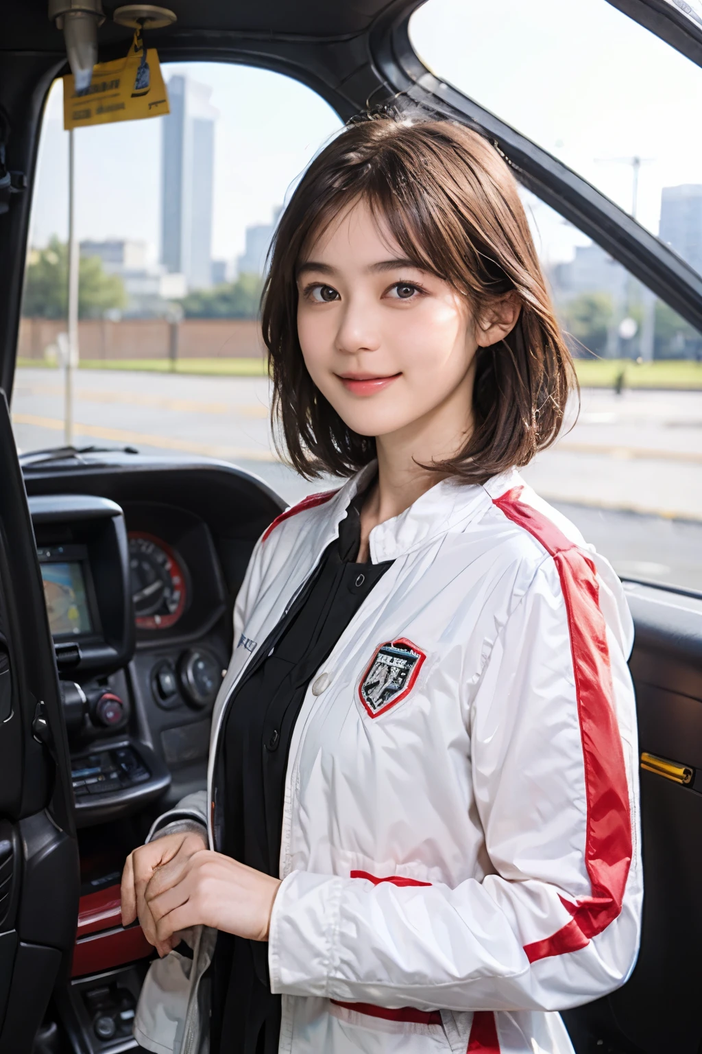 164
Shorthair,  (a 20 yo woman, standing), A hyper-realistic, gentle smile, sci-fi cool suit, (口紅),  in the cockpit of an old fashioned fighter aircraft