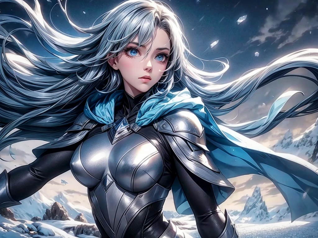 (highres:1.2), detailed girl, snowy landscape, intense battle, golem, magical powers, dynamic pose, determined expression, icy wind, jagged cliffs, towering snow-capped peaks, freezing cold, crisp air, muted colors, dramatic lighting.