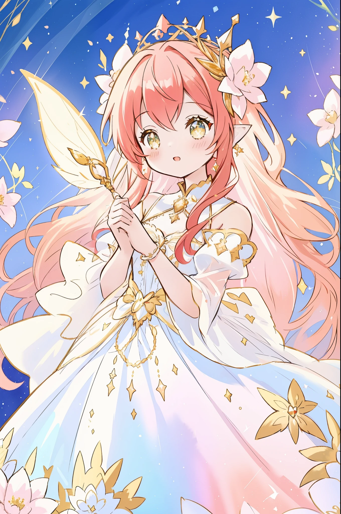 beautiful fairy girl in sparkling white layered dress, puffy flowing dress, sheer fluttering sleeves, ((sparkling fairy dress)), long red gold hair, colorful fantasia background, delicate white flowers, watercolor illustration, beautiful, masterpiece, best quality, vibrant pastel colors, colorful, vibrant, sharp focus, highly detailed, intricate details, golden ratio, perfect composition