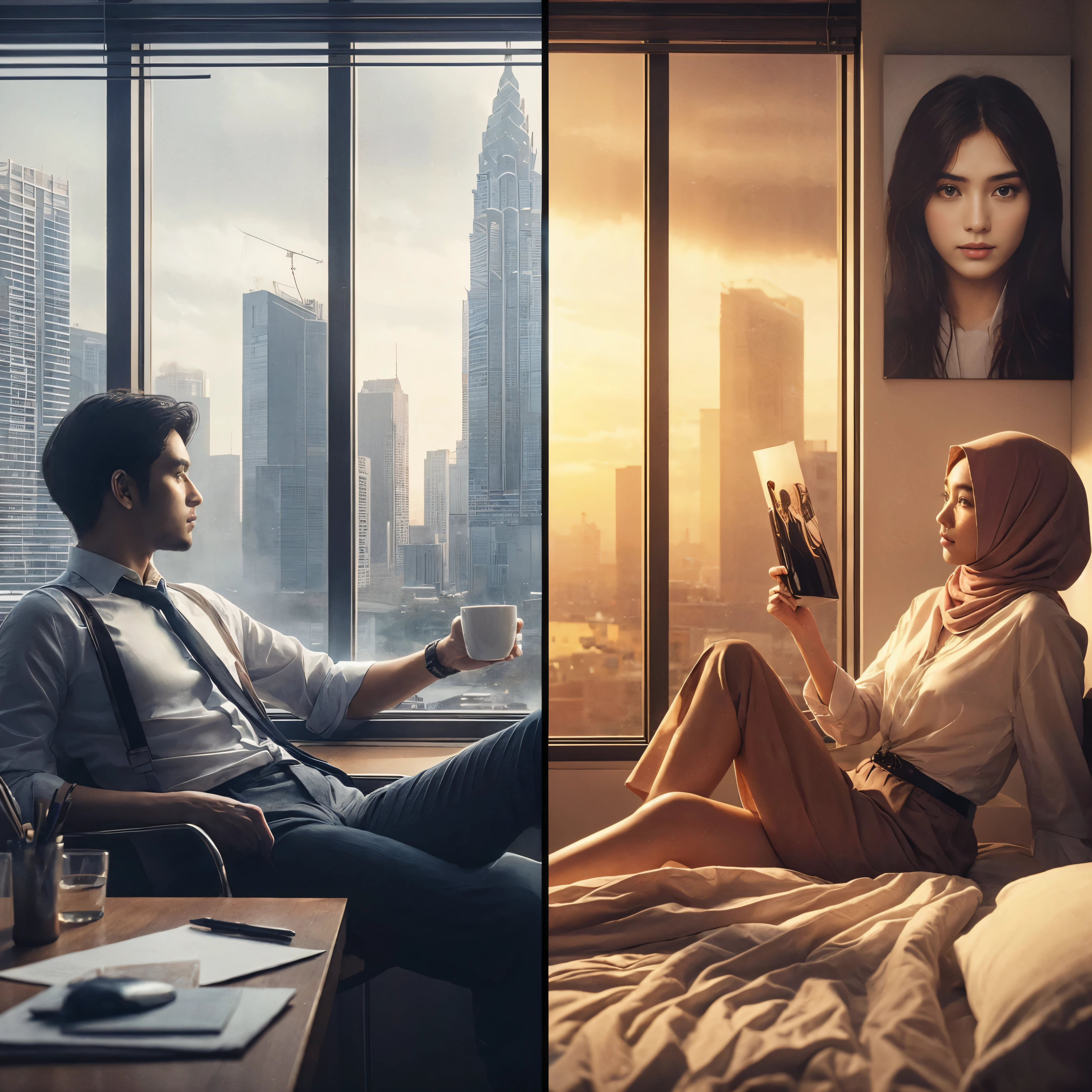one images collage a showing two different picture with same foreground.
(first picture a show one asia man is leaning against the wall, holding a coffee cup in office).
(second picture a show one asia woman hijab is leaning against the wall and facing right, holding a photo in bed room).perfect body,epicrealism,ultra HD,atmospheric impressionism,photography,film dramatic realism,pre-raphaelite realism,detail on face,soft focus realism --ar 36:61 --stylize 750 --v6.