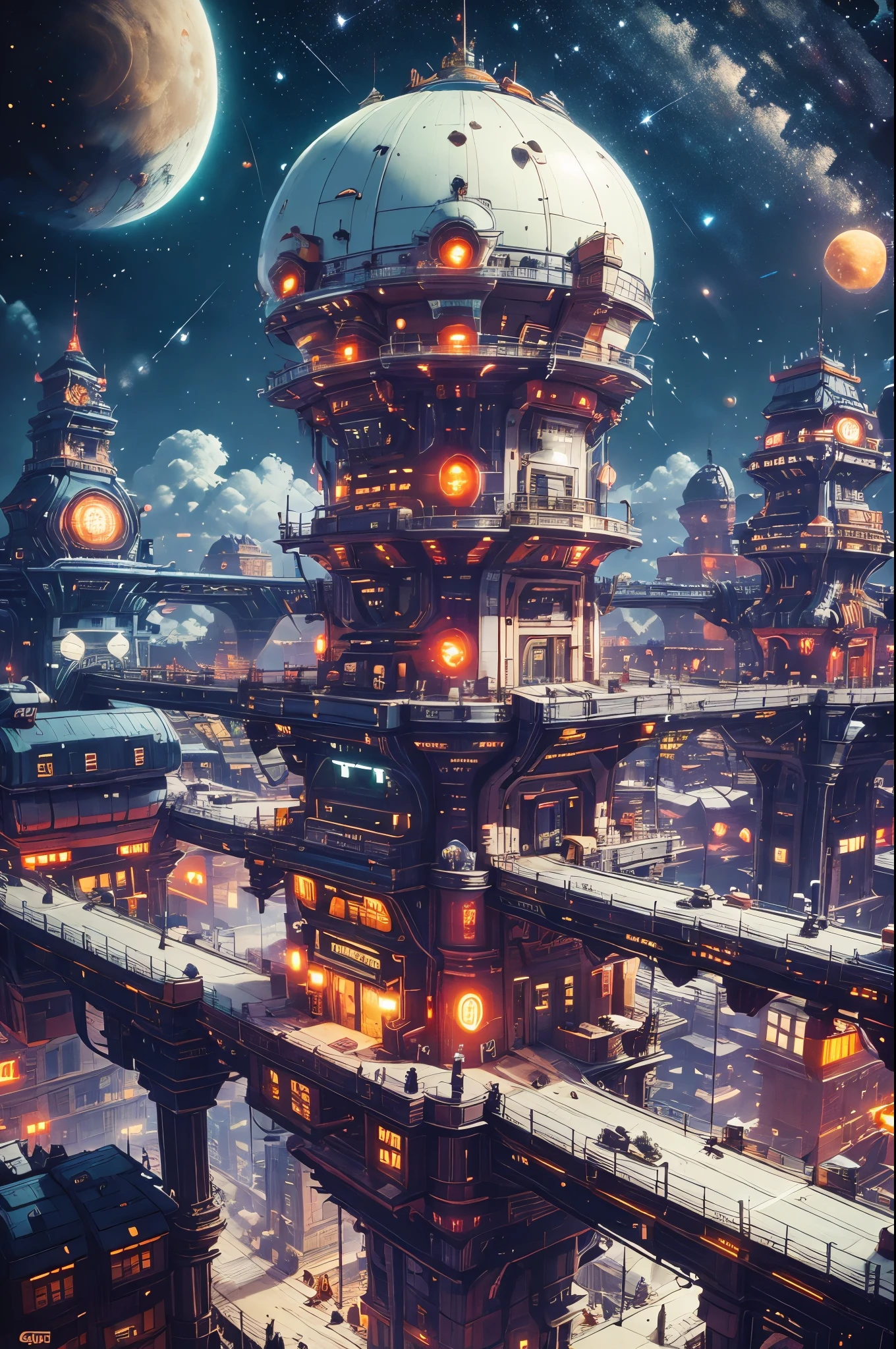 COMG3O,album cover,arch,architecture,balcony,bridge,building,car,castle,chain-link fence,chimney,city,city lights,cityscape,clock,clock tower,cloud,colorful,crescent moon,crosswalk,crowd,east asian architecture,fantasy,ferris wheel,fisheye,fountain,full moon,gate,house,lamppost,lantern,library,lights,moon,multiple girls,neon lights,night,night sky,no humans,outdoors,pagoda,paper lantern,pavement,radio antenna,railing,real world location,river,road,rooftop,sack,scenery,shooting star,sign,sky,skyline,skyscraper,smoke,smokestack,snow,snowing,staff,stairs,star \(sky\),starry sky,storefront,street,tokyo \(city\),tower,town,twilight,vanishing point,water,windmill,A futuristic space station is shown in jewel tones,cinematic lighting,bright colors,in frame