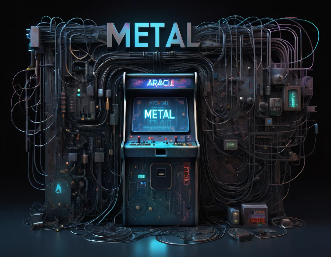 Logo "metal", text as "metal", creative Font Design, typeface, spirit of metal, Message card design, A retrofuturism scene of an arcade wired mess on computer, mechanical delay, wiring components, ultrago austin metal wiring, iris van Buren, Karol Bak, Kiichi Obituary by Beksinski, david falls fanart machine, txt says "metal"
