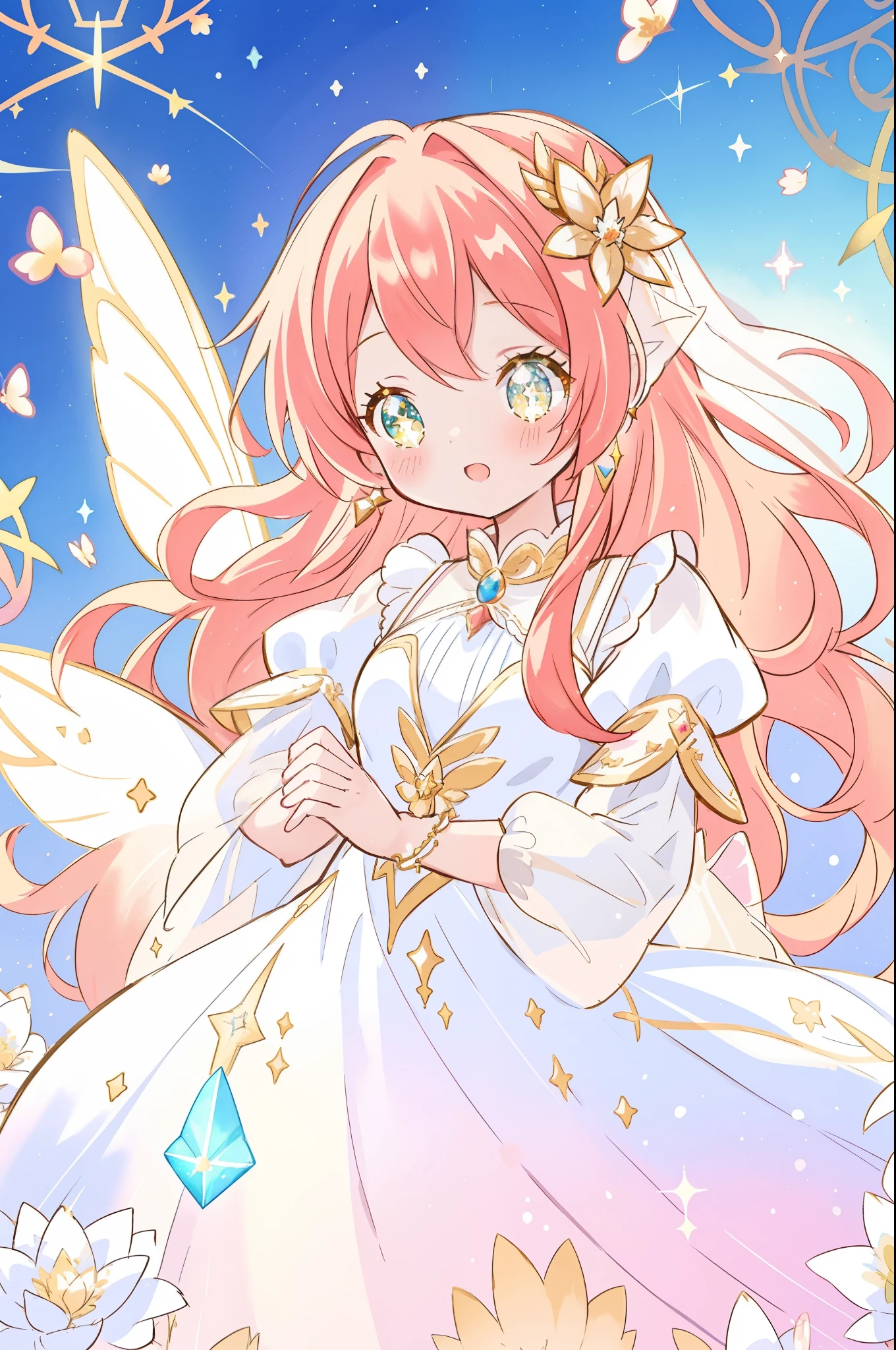 beautiful fairy girl in sparkling white layered dress, puffy flowing dress, sheer fluttering sleeves, ((sparkling fairy dress)), long red gold hair, colorful fantasia background, delicate white flowers, watercolor illustration, beautiful, masterpiece, best quality, vibrant pastel colors, colorful, vibrant, sharp focus, highly detailed, intricate details, golden ratio, perfect composition