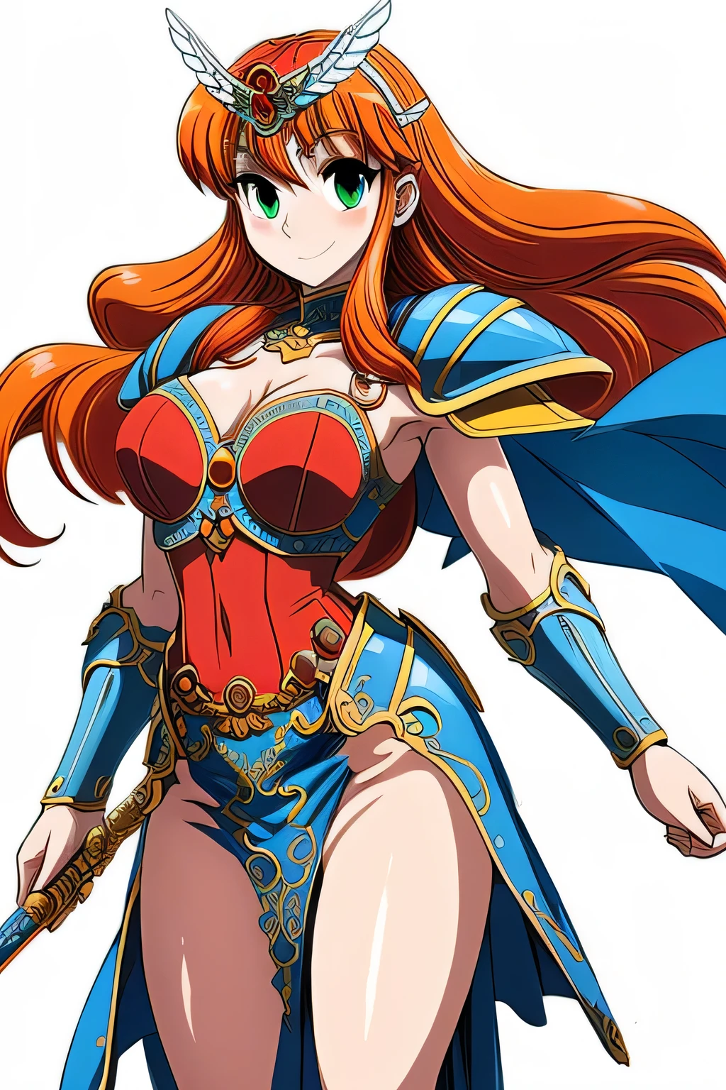 (masterpiece, highest quality:1.2),Lucia,1 girl,alone,green eyes,orange hair,very long hair,red armor dress,cowboy shot,wing tiara,((blue pelvic curtain armor)),((blue waist armor)),blue shoulder armor,(blue cuff),blue knee boots,pauldron,blue armor belt,with a sword