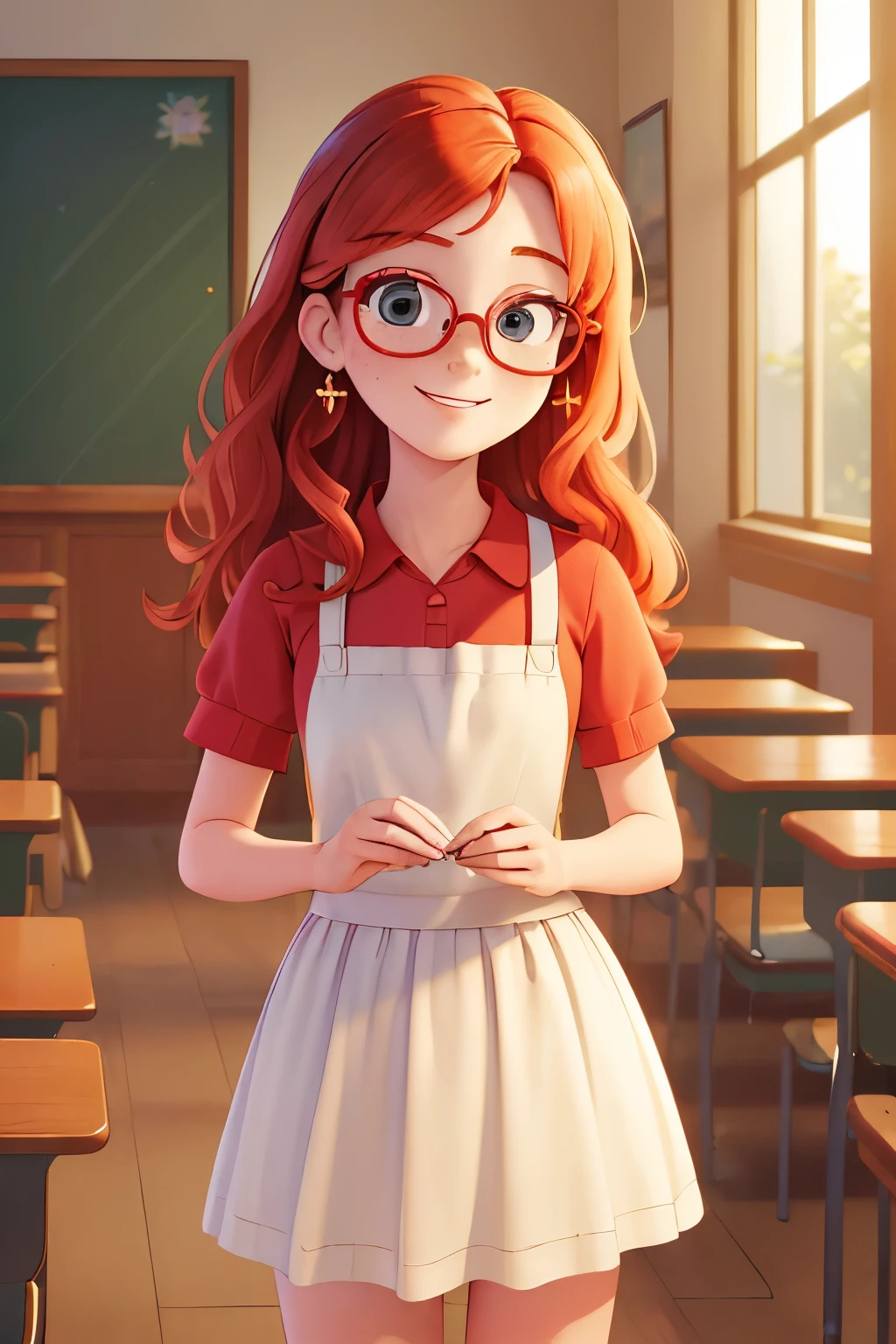 (be :1.3),(masterpiece, highest quality:1.4), (beautiful, beesthetic, perfection, delicate, Complex:1.2),((highest quality)), ((masterpiece)), (be familiar with),(be high resolution:1.2), freckles、redhead、classroom, ben adult female, Claudia Shaver smiling, red shirt, white skirt, Glasses, bend over, Angle of view,